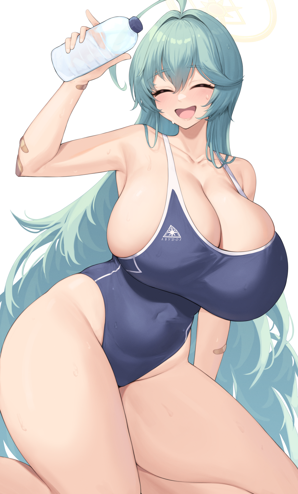 1girl :d ^_^ abydos_high_school_swimsuit ahoge aqua_hair arm_up bandaid bare_arms bare_shoulders blue_archive blue_one-piece_swimsuit bottle breasts cleavage closed_eyes commentary commentary_request covered_navel curvy groin hair_intakes halo highres holding holding_bottle huge_breasts kneeling kuavera one-piece_swimsuit sideboob smile solo swimsuit thick_thighs thighs water_bottle yume_(blue_archive)