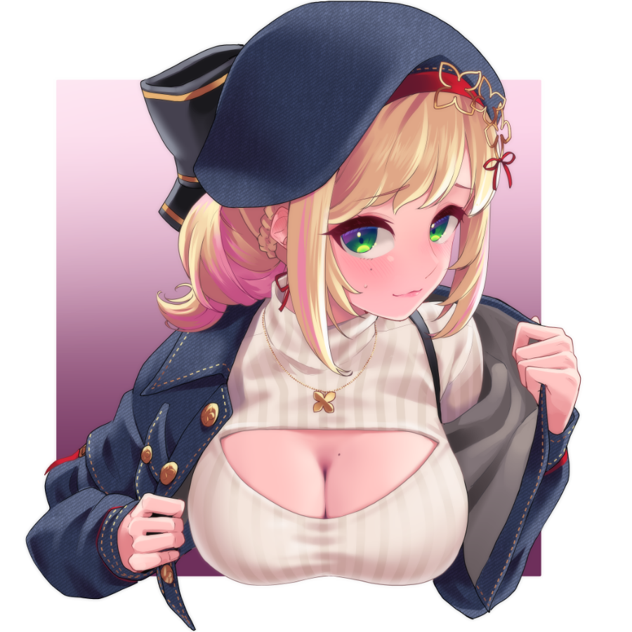 1girl beret blonde_hair blush braid breasts cleavage cleavage_cutout clothing_cutout denim denim_jacket green_eyes hakkaku_shikimi hat jacket jewelry large_breasts looking_at_viewer meme_attire mole mole_on_breast mole_under_eye multicolored_hair necklace nijisanji open-chest_sweater open_clothes open_jacket removing_jacket seffyna solo streaked_hair sweatdrop sweater turtleneck turtleneck_sweater undressing