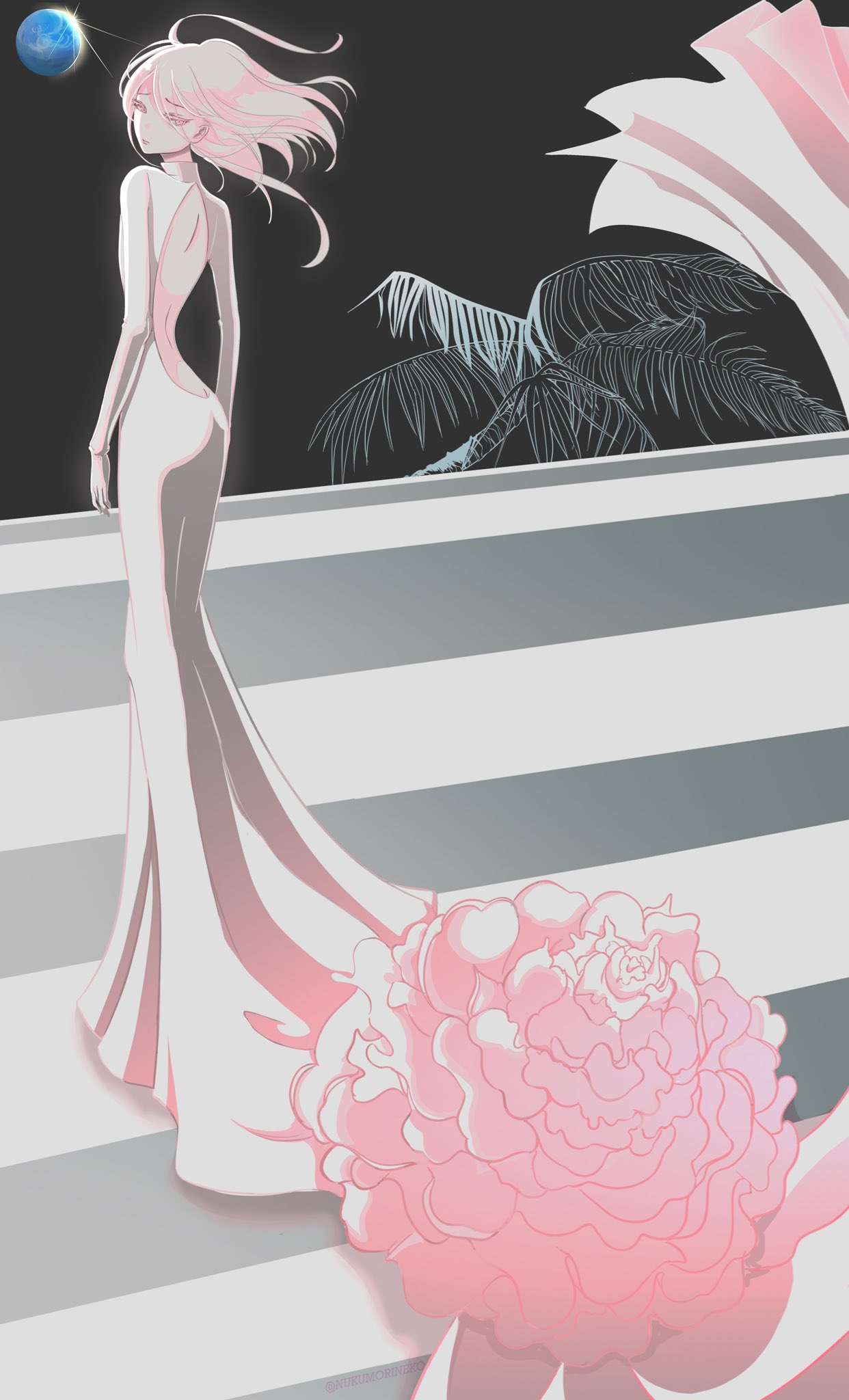 1other alternate_race ass backless_dress backless_outfit cinnabar_(houseki_no_kuni) clear_sky dress earth_(planet) eyes_visible_through_hair floating_clothes floating_hair flower from_behind glint gown grey_dress hair_over_one_eye highres houseki_no_kuni long_dress long_hair long_sleeves looking_at_viewer looking_back night night_sky nukumorineko on_moon other_focus pale_skin palm_tree pink_flower pink_hair pink_theme planet sad sky solo spoilers standing striped_background tree tsuki_jin