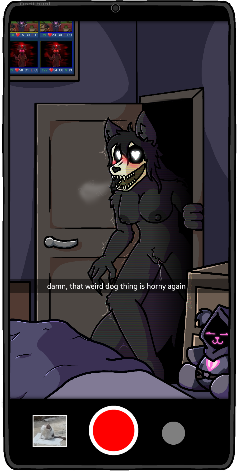 4_fingers alpha_channel anthro bed bed_sheet bedding bedroom black_body black_fur black_hair blanket blush bodily_fluids bone breasts canid canine caption claws darli_buni digital_media_(artwork) door doorframe doorknob doorway e621 e621_post_recursion electronics english_text epic_games female fingers five_nights_at_freddy's fortnite framed_picture fur furniture genital_fluids genitals hair hi_res looking_at_viewer mal0 mal0_(species) mammal motion_lines nightstand nipples nude open_door open_mouth painting_(object) phone phone_screen phone_view photo plushie pussy raven_team_leader scottgames scp-1471 scp-1471-a scp_foundation shaded signature skull skull_head tail teeth text vaginal_fluids vanny_(fnaf)