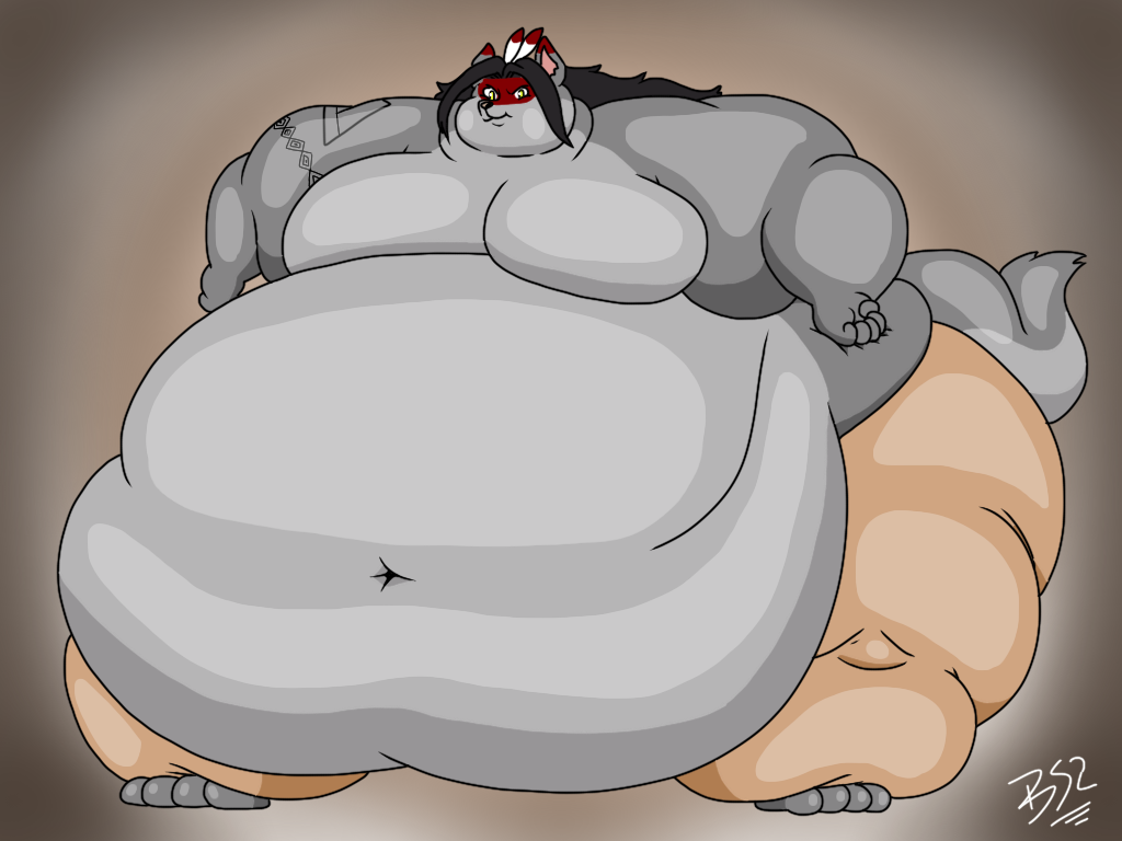 2018 4:3 4_toes 5_fingers anthro arm_tattoo barefoot batspid2 belly big_belly big_moobs biped bottomwear brown_nose canid canine canis cel_shading clothing digital_drawing_(artwork) digital_media_(artwork) double_chin ear_markings facial_markings feather_hair_ornament feet fingers flabby_arms front_view frown full-length_portrait fur glistening glistening_eyes glistening_nose green_eyes grey_body grey_fur hands_on_hips head_markings huge_thighs hyper hyper_belly hyper_hips hyper_thighs love_handles male mammal markings mask_(marking) moobs morbidly_obese morbidly_obese_anthro morbidly_obese_male multicolored_body multicolored_fur narrowed_eyes navel obese obese_anthro obese_male overweight overweight_anthro overweight_male pants portrait red_body red_fur shaded signature simple_background solo standing tail tail_tuft tattoo thick_thighs three-quarter_view toes tuft wolf