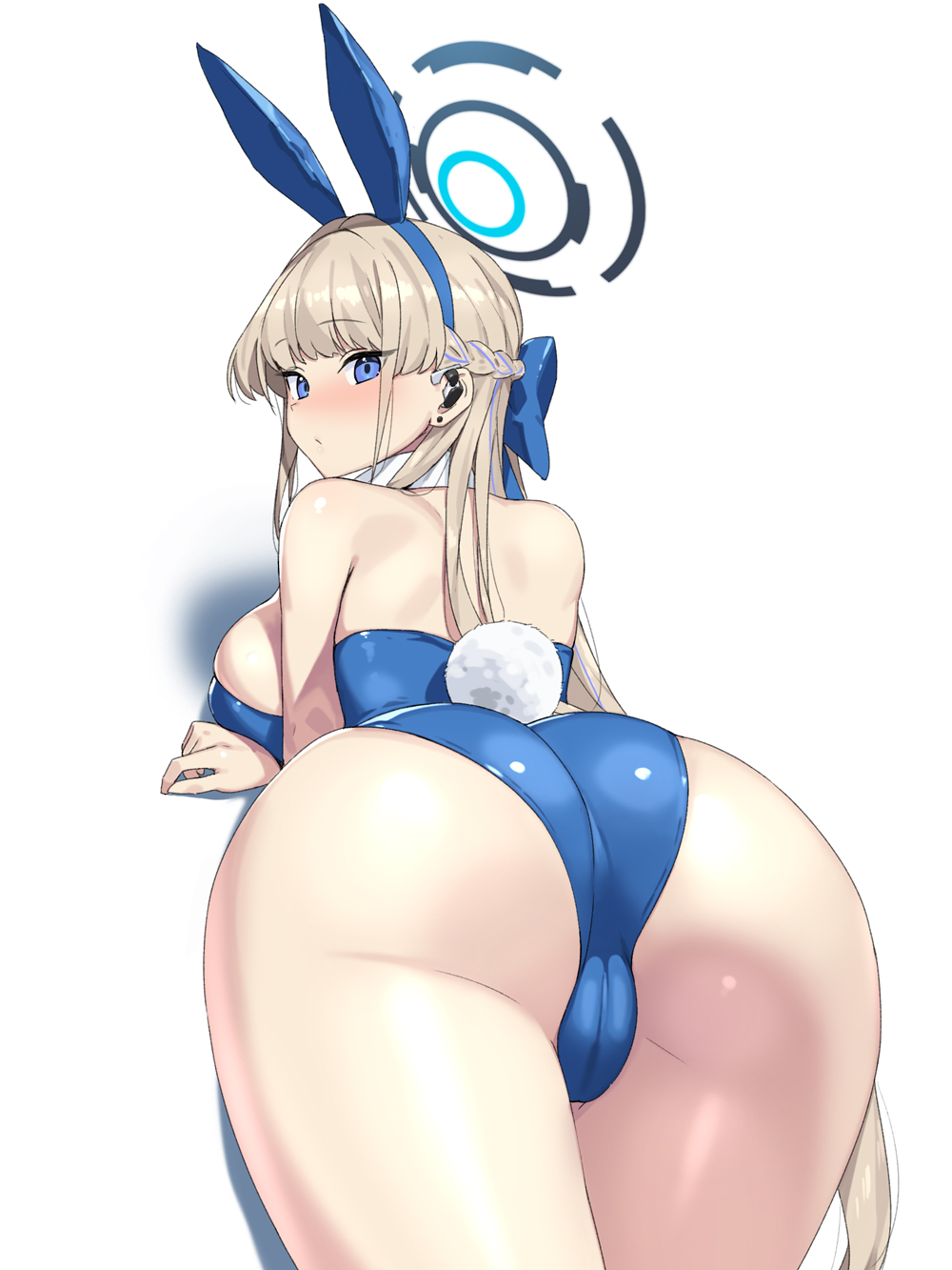 1girl animal_ears ass ass_focus blonde_hair blue_archive blue_bow blue_eyes blue_halo blue_leotard bow braid breasts commentary_request earrings fake_animal_ears french_braid from_behind hair_bow halo highres jewelry large_breasts leotard long_hair looking_at_viewer looking_back munashi_mujou official_alternate_costume official_alternate_hairstyle rabbit_ears rabbit_tail simple_background skindentation solo strapless strapless_leotard stud_earrings tail toki_(blue_archive) toki_(bunny)_(blue_archive) white_background