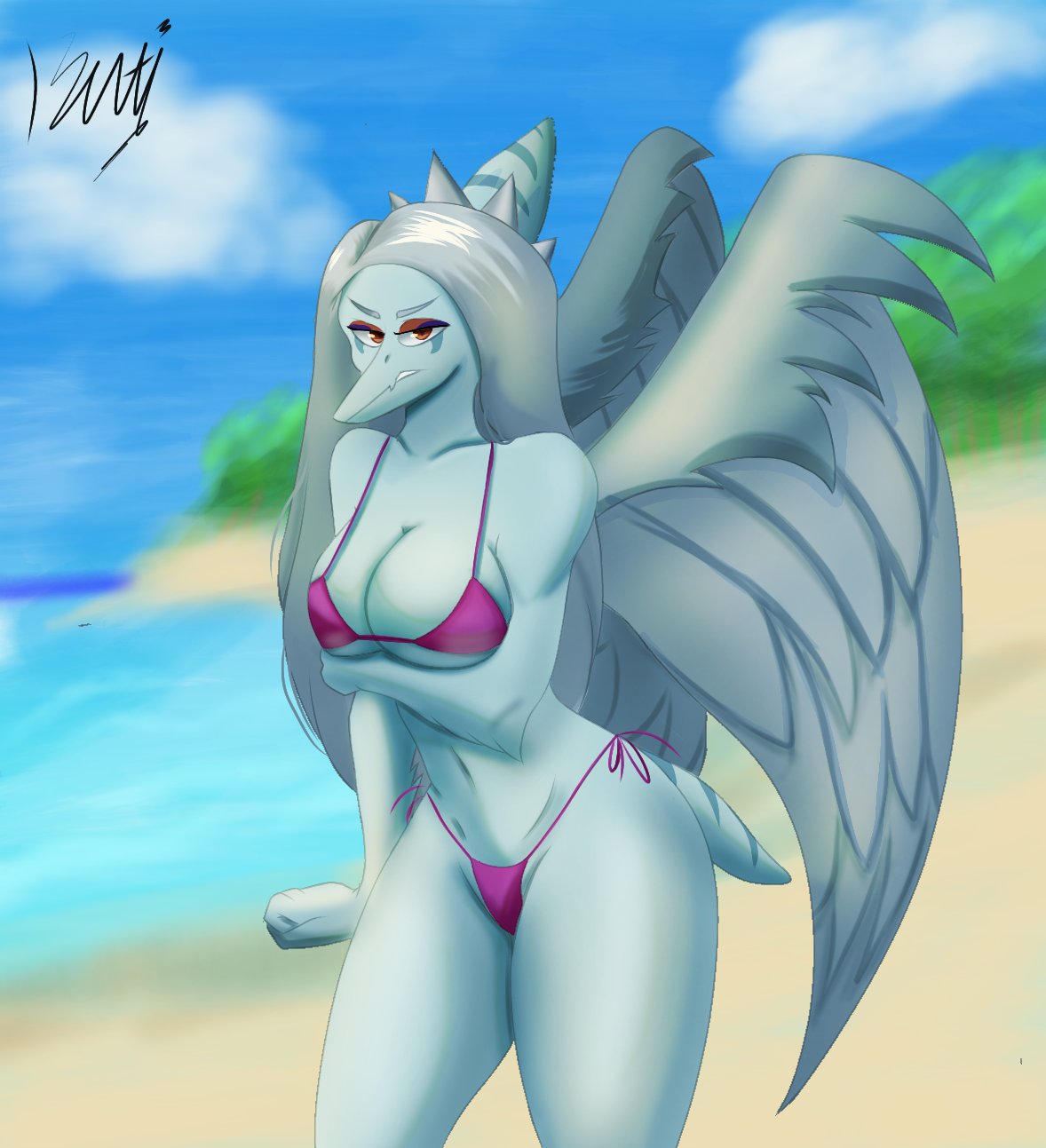 anthro arm_feathers arm_under_breasts beach beltimerperbus big_breasts bikini blue_body blue_scales bone_frill breasts cleavage clenched_teeth clothed clothing cloud colored elbow_feathers fang_(gvh) feathered_wings feathers female frill_(anatomy) goodbye_volcano_high grey_body grey_feathers head_crest head_frill hi_res looking_at_viewer markings navel outside pterodactylus pterosaur purple_bikini purple_clothing purple_swimwear reptile scales scalie sea seaside short_tail sky snoot_game snout solo spikes standing string_bikini striped_frill striped_markings striped_tail stripes swimwear tail tail_markings teeth water wings