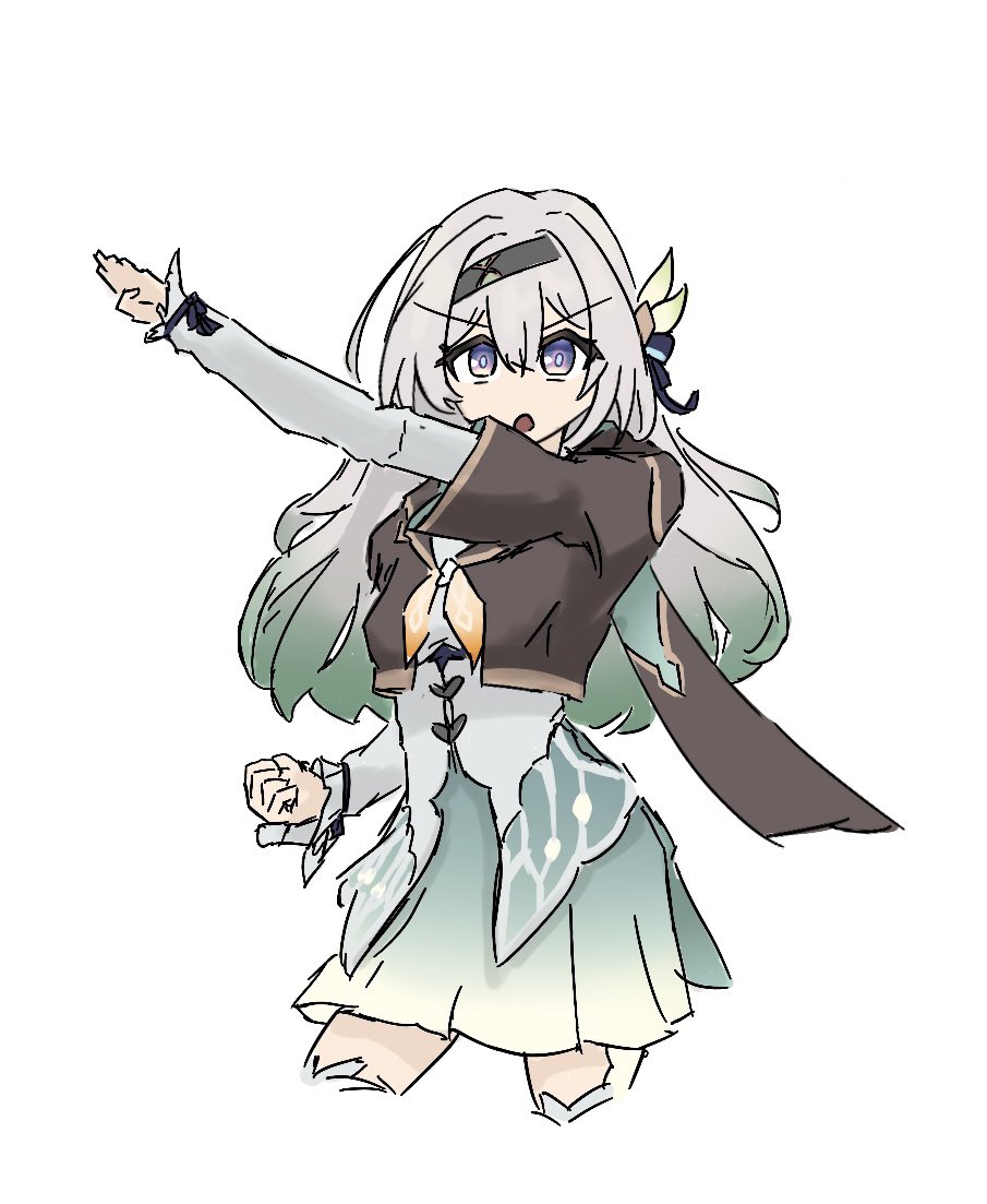 1girl arm_up blue_bow blue_pupils bow breasts bright_pupils brown_jacket brown_sailor_collar brown_scarf clenched_hand commentary contrapposto cropped_jacket cropped_legs d: dress firefly_(honkai:_star_rail) flower gradient_hair green_dress green_hair green_skirt hair_flower hair_ornament hairclip henshin_pose honkai:_star_rail honkai_(series) jacket kamen_rider layered_sleeves long_eyebrows long_hair long_sleeves looking_at_viewer messy_hair multicolored_hair no_nose open_mouth orange_bow outstretched_arm pink_eyes pleated_skirt posing purple_eyes sailor_collar salute scarf shinkitori short_over_long_sleeves short_sleeves simple_background skirt small_breasts solo straight-arm_salute thighhighs white_background white_dress white_hair white_thighhighs wide_sleeves zettai_ryouiki