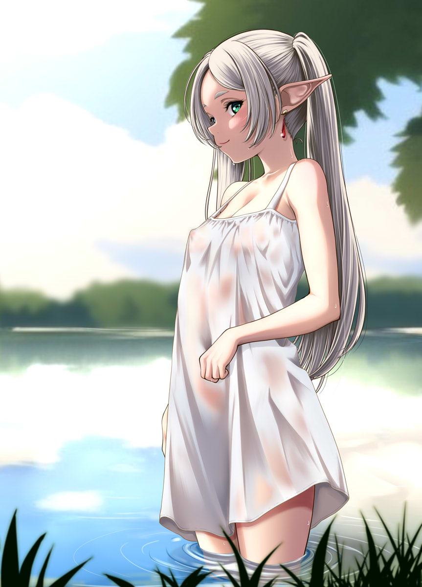 1girl bare_shoulders blush breasts cleavage commentary_request covered_nipples dress drop_earrings earrings frieren green_eyes highres jewelry long_hair looking_at_viewer osuzu_akiomi outdoors parted_bangs partially_submerged pointy_ears river semi-transparent sleeveless sleeveless_dress small_breasts smile solo sousou_no_frieren twintails wet wet_clothes wet_dress white_dress white_hair
