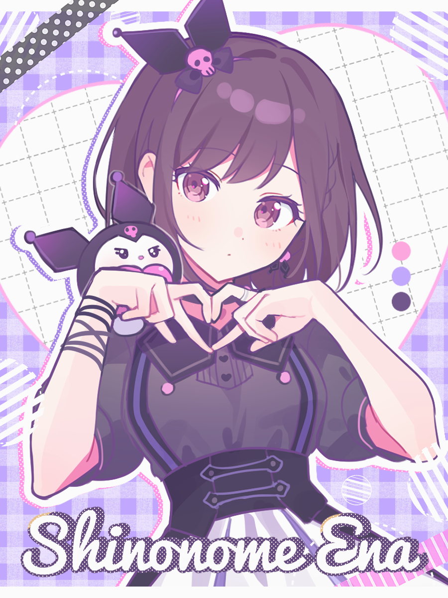 1girl black_bow black_collar black_shirt bow bracelet brown_hair character_name collar color_guide commentary dress drop_shadow hair_bow heart heart_hands highres jewelry kuromi letterboxed pink_eyes plaid plaid_background project_sekai puffy_short_sleeves puffy_sleeves purple_background sanrio shinonome_ena shirt short_hair short_sleeves suspenders upper_body waka_(wk4444) white_dress