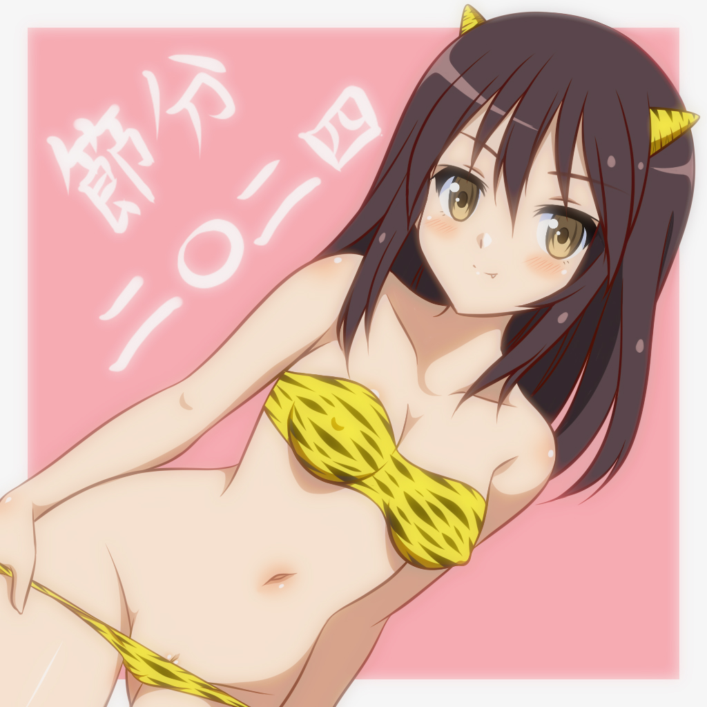 1girl animal_print bikini black_hair blush breasts brown_eyes cleft_of_venus closed_mouth collarbone covered_nipples eleonore_giovanna_gassion fake_horns fang horns isa_(ni-iro) long_hair looking_at_viewer luminous_witches medium_breasts navel pink_background pussy pussy_peek setsubun simple_background smile solo striped_bikini striped_clothes swimsuit tiger_print tiger_stripes world_witches_series