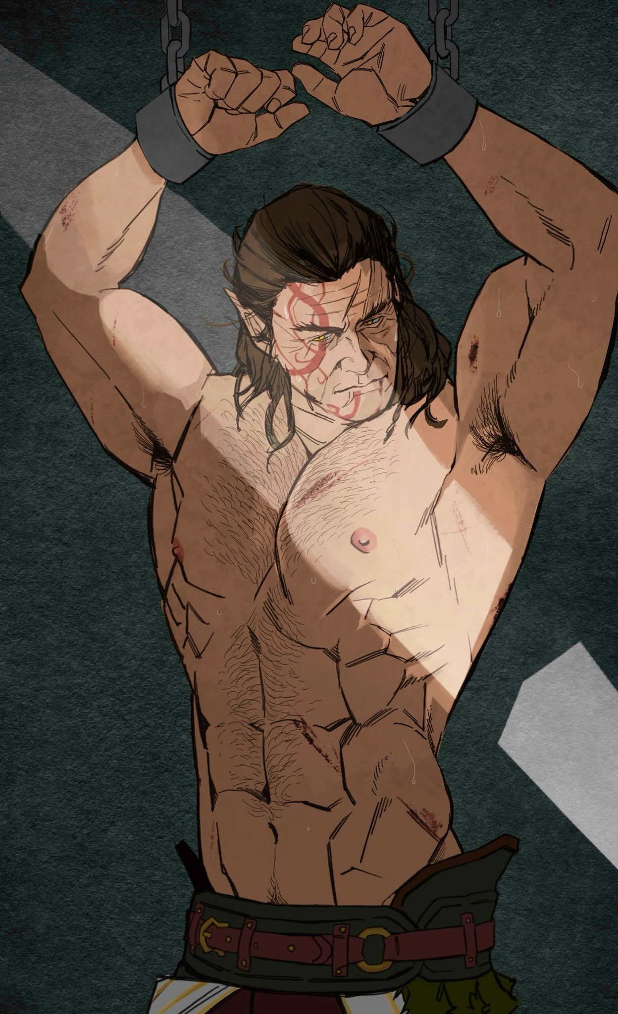 1boy abs armpit_stubble baldur's_gate baldur's_gate_3 bara bonjourdraws brown_hair cowboy_shot cuffs dark-skinned_male dark_skin dungeons_and_dragons elf hairy halsin handcuffs highres large_pectorals looking_to_the_side male_focus mature_male medium_hair muscular muscular_male nipples pectorals pointy_ears prisoner scar solo sparse_navel_hair thick_chest_hair thick_eyebrows topless_male wrinkled_skin