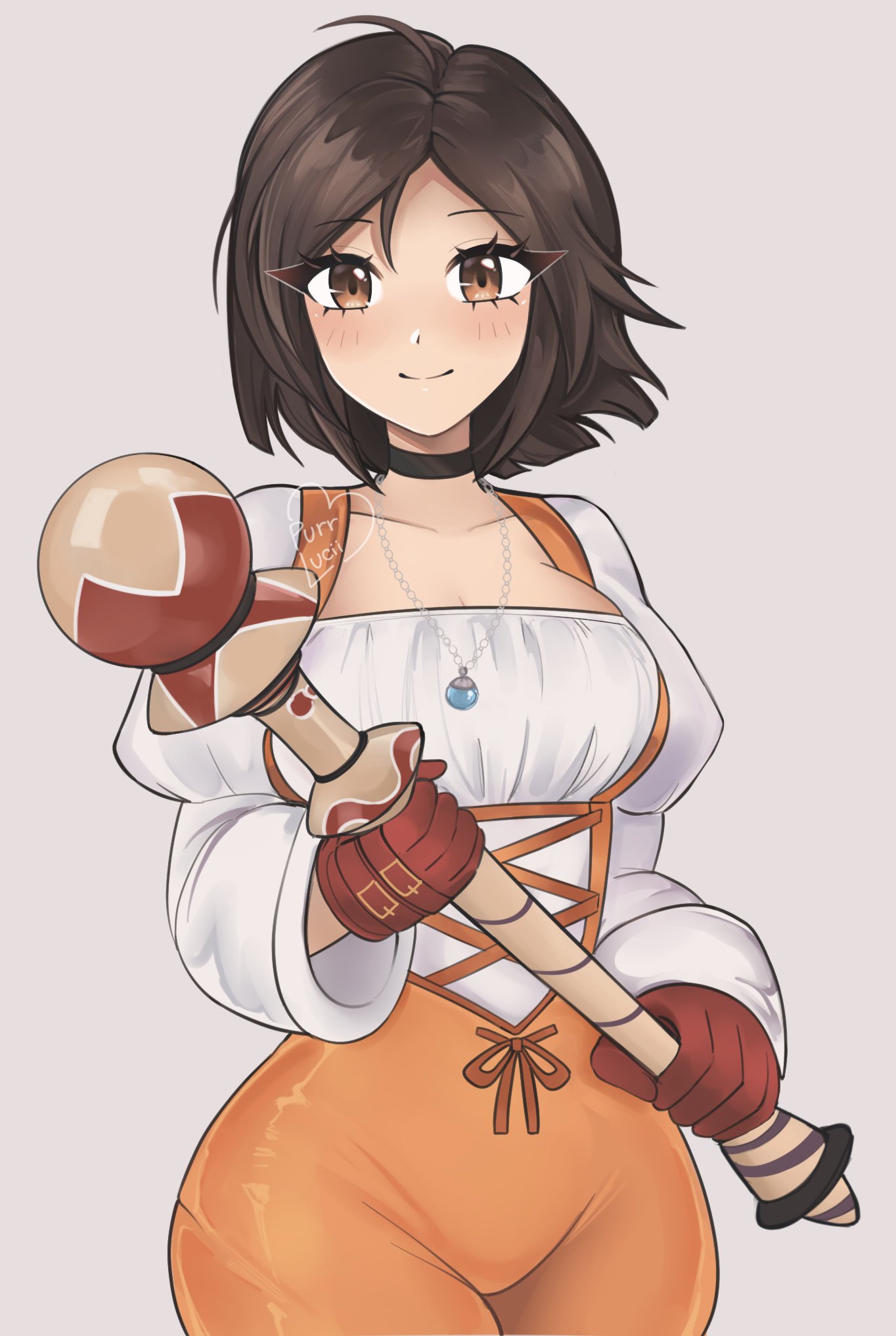 1girl alternate_hairstyle artist_name blush bodysuit breasts brown_eyes brown_hair cleavage closed_mouth collarbone commentary eyebrows_hidden_by_hair eyelashes eyes_visible_through_hair facing_viewer final_fantasy final_fantasy_ix garnet_til_alexandros_xvii gloves heart highres holding holding_staff large_breasts long_hair long_sleeves looking_at_viewer luci_(purrlucii) mage_staff orange_bodysuit puffy_sleeves red_gloves shirt short_hair signature smile solo staff standing very_long_hair white_background white_shirt wide_ponytail