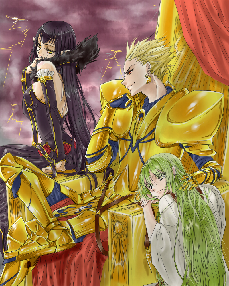 1girl 2boys armor assassin_of_red back bare_shoulders belt black_hair blonde_hair breasts dress earrings elbow_gloves enkidu_(fate/strange_fake) fate/apocrypha fate/strange_fake fate_(series) gauntlets gilgamesh gloves green_eyes green_hair multiple_boys open_mouth pants pointy_ears red_eyes short_hair very_long_hair yellow_eyes