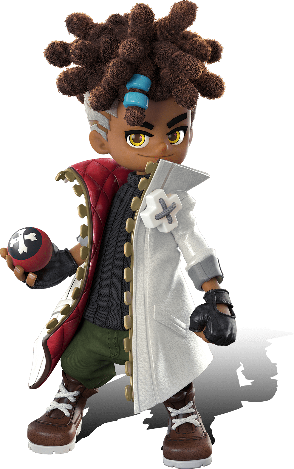 1boy 3d ankle_boots artist_request baggy_pants black_gloves black_sweater boots brown_boots brown_pupils chewing_gum child closed_mouth coat collared_coat collared_sweater dark-skinned_male dark_skin dreadlocks fingerless_gloves fingernails food full_body gloves green_pants grey_sleeve_cuffs gungho hair_tie high_collar highres holding holding_food kinky_hair lace-up_boots leather leather_boots leather_gloves looking_at_viewer male_focus ninjala official_art open_clothes open_coat padded_coat pants pocket popped_collar ribbed_sweater ron_(ninjala) second-party_source short_hair sleeves_rolled_up smile solo sweater thick_eyebrows three-quarter_sleeves toon_(style) transparent_background turtleneck turtleneck_sweater two-sided_coat two-sided_fabric undercut unzipped white_coat white_sleeves yellow_eyes zipper