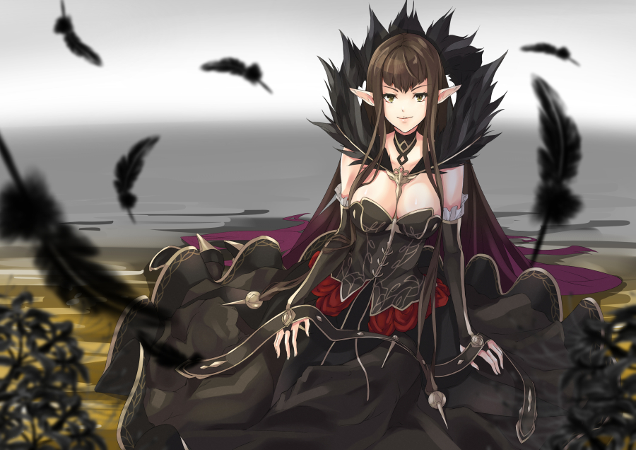 1girl assassin_of_red black_hair breasts brown_eyes choker cleavage dress elbow_gloves fate/apocrypha fate_(series) feathers frills gloves lips multicolored_hair pointy_ears shoes smile very_long_hair