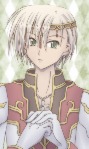 1boy argyle_background asymmetrical_bangs blonde_hair brown_coat circlet coat commentary_request cracking_knuckles cross cross_necklace gloves gold_trim green_background green_eyes hair_between_eyes high_priest_(ragnarok_online) jewelry long_sleeves looking_at_viewer lowres male_focus multicolored_coat necklace parted_lips ragnarok_online red_coat sharari short_hair solo two-tone_coat upper_body white_coat white_gloves