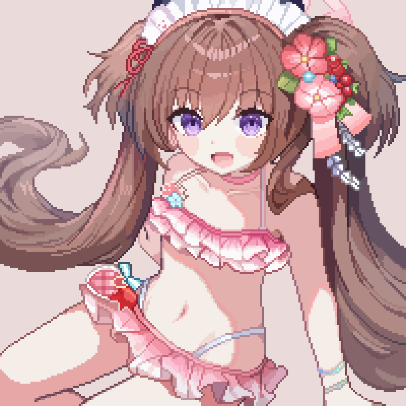 1girl :d bikini bikini_skirt blue_archive blush brown_hair flower frilled_bikini frills hair_flower hair_ornament long_hair looking_at_viewer open_mouth pink_bikini pixel_art purple_eyes shizuko_(blue_archive) shizuko_(swimsuit)_(blue_archive) sitting smile solo swimsuit tinia_etru twintails very_long_hair