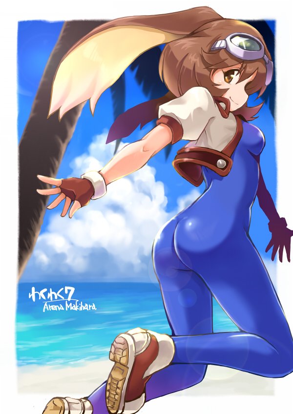 animal_ears ass bangs beach blue_bodysuit bodysuit breasts brown_eyes brown_footwear brown_gloves brown_hair bunny_ears cloud cloudy_sky commentary_request copyright_name cropped_jacket day fingerless_gloves from_behind full_body gloves goggles goggles_on_head looking_at_viewer looking_back makihara_arina outdoors palm_tree ranguage satomura_kyou shoes short_hair skin_tight sky small_breasts smile sneakers solo standing tree waku_waku_7