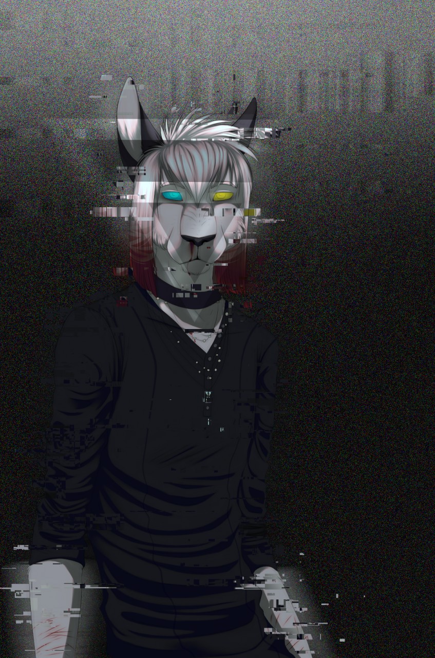 anthro black_nose clothed clothing collar hair heterochromia looking_at_viewer male mammal shen_shepa solo white_hair