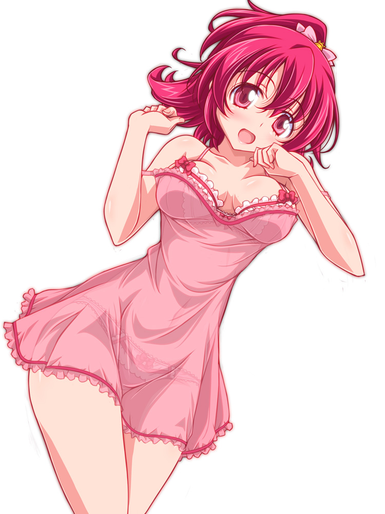 aida_mana bow bow_bra bow_panties bra breasts chemise dokidoki!_precure frilled_bra frills half_updo kikuchi_tsutomu lace lace-trimmed_bra lace-trimmed_panties lingerie looking_at_viewer medium_breasts open_mouth panties pink_bow pink_bra pink_eyes pink_hair pink_panties precure see-through short_hair simple_background smile solo strap_slip underwear white_background