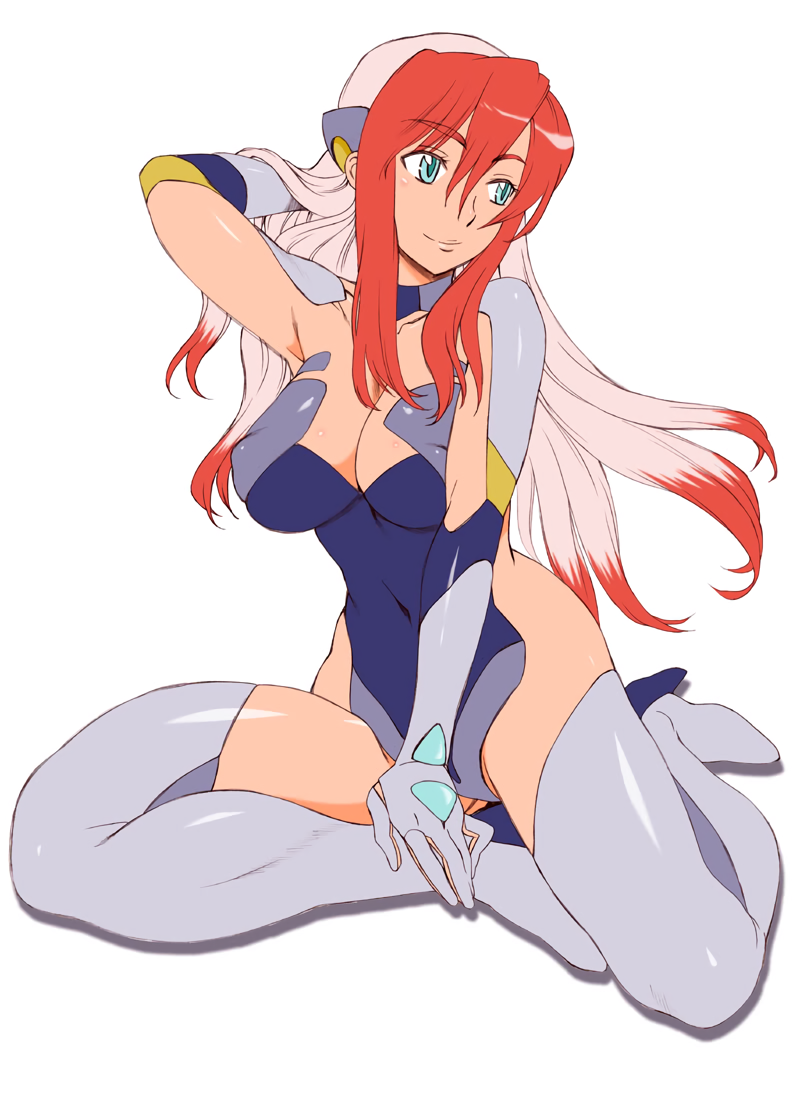 aqua_eyes arm_up birdy_cephon_altirra blue_eyes blue_leotard boots breasts cleavage covered_nipples full_body gloves hand_behind_head high_heels large_breasts leotard long_hair multicolored_hair red_hair simple_background smile solo tetsuwan_birdy tetsuwan_birdy_decode thigh_boots thighhighs two-tone_hair white_background white_hair