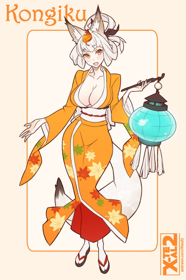 animal_ears artist_name breasts brown_eyes character_name cleavage fang fox_ears fox_tail full_body grey_hair huge_breasts japanese_clothes kimono kitsune kongiku lantern leaf leaf_on_head looking_at_viewer oboro_muramasa open_mouth sandals smile solo tail x-teal2