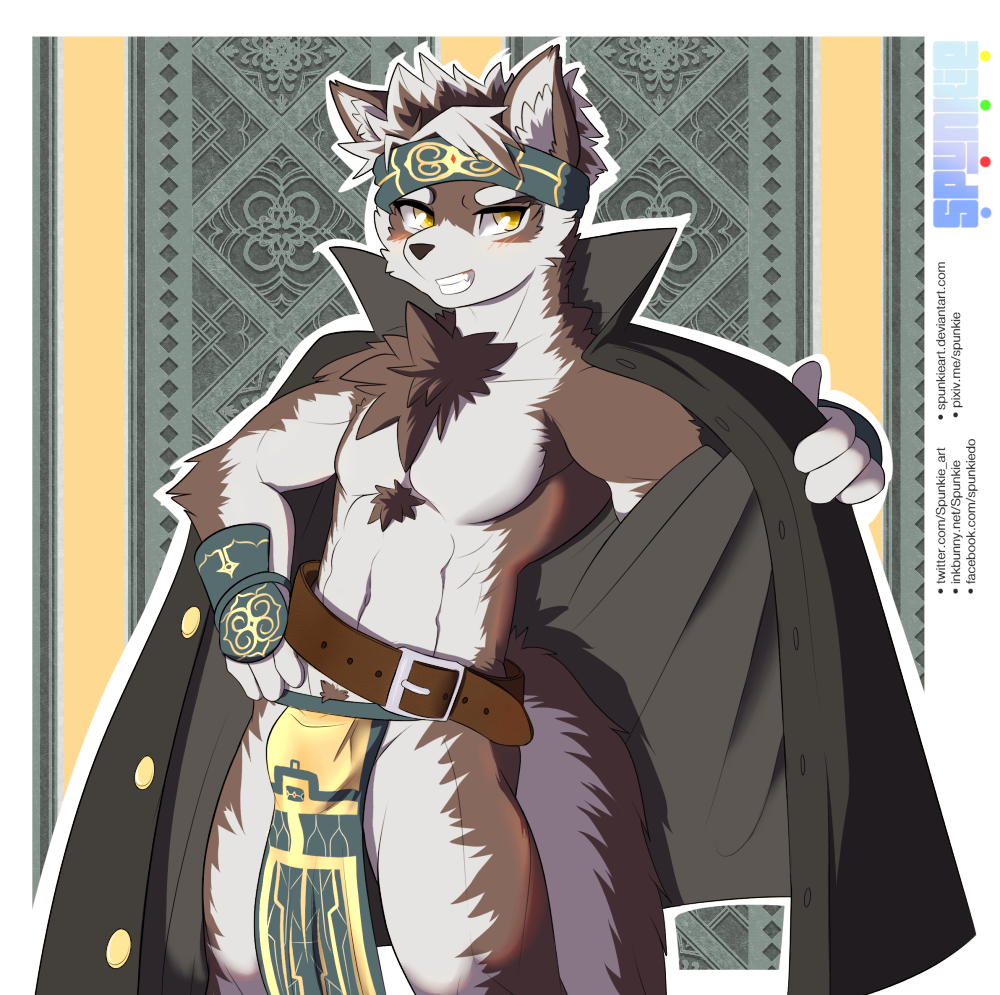 2017 anthro blush canine cub digital_media_(artwork) dog fur hair horkeukamui looking_at_viewer male mammal muscular muscular_male open_mouth shota simple_background smile solo spunkie standing teeth tokyo_afterschool_summoners video_games wolf young