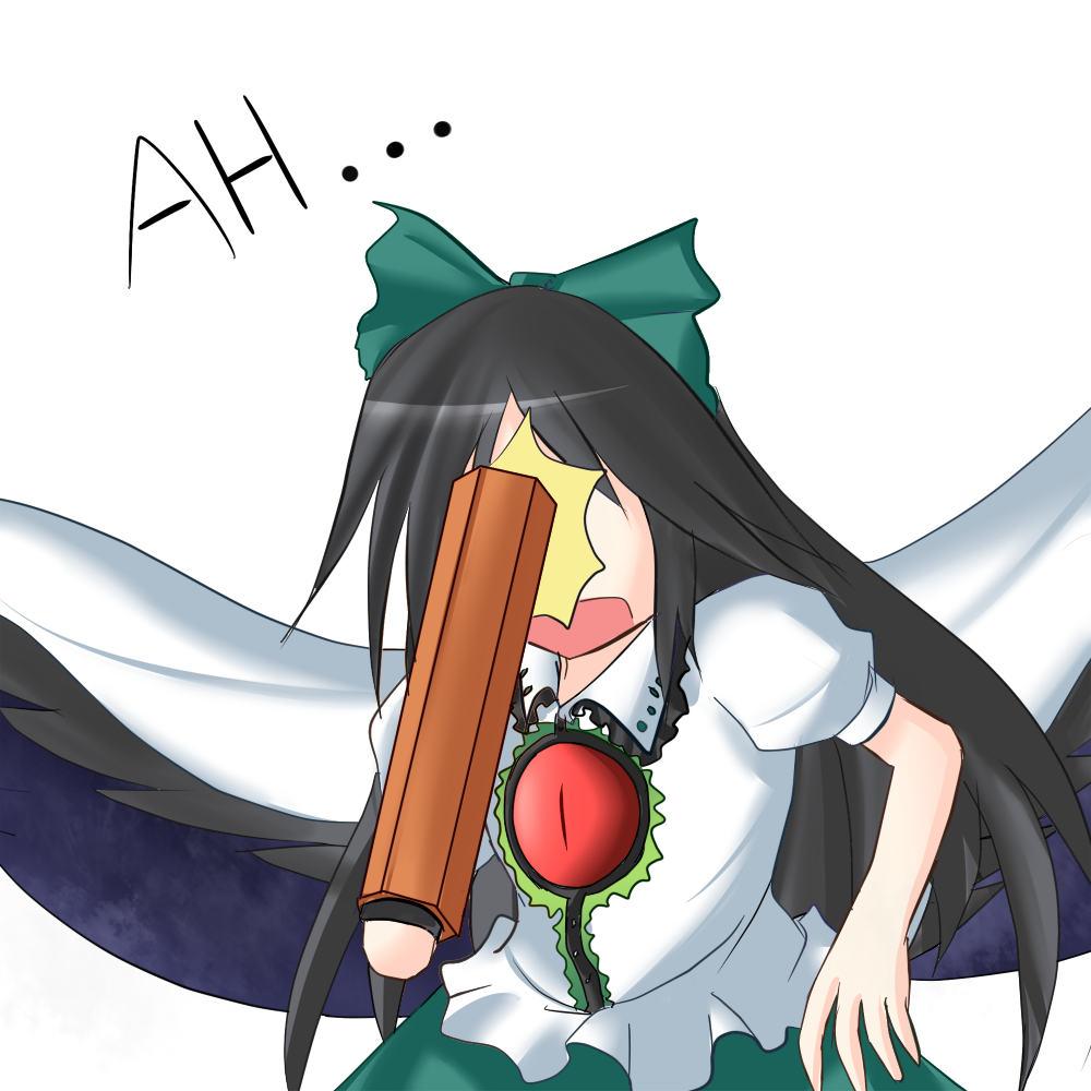 arm_cannon black_hair bow facepalm failure green_bow hair_bow long_hair puffy_short_sleeves puffy_sleeves reiuji_utsuho rexlent shirt short_sleeves simple_background solo touhou upper_body weapon white_background white_shirt you're_doing_it_wrong