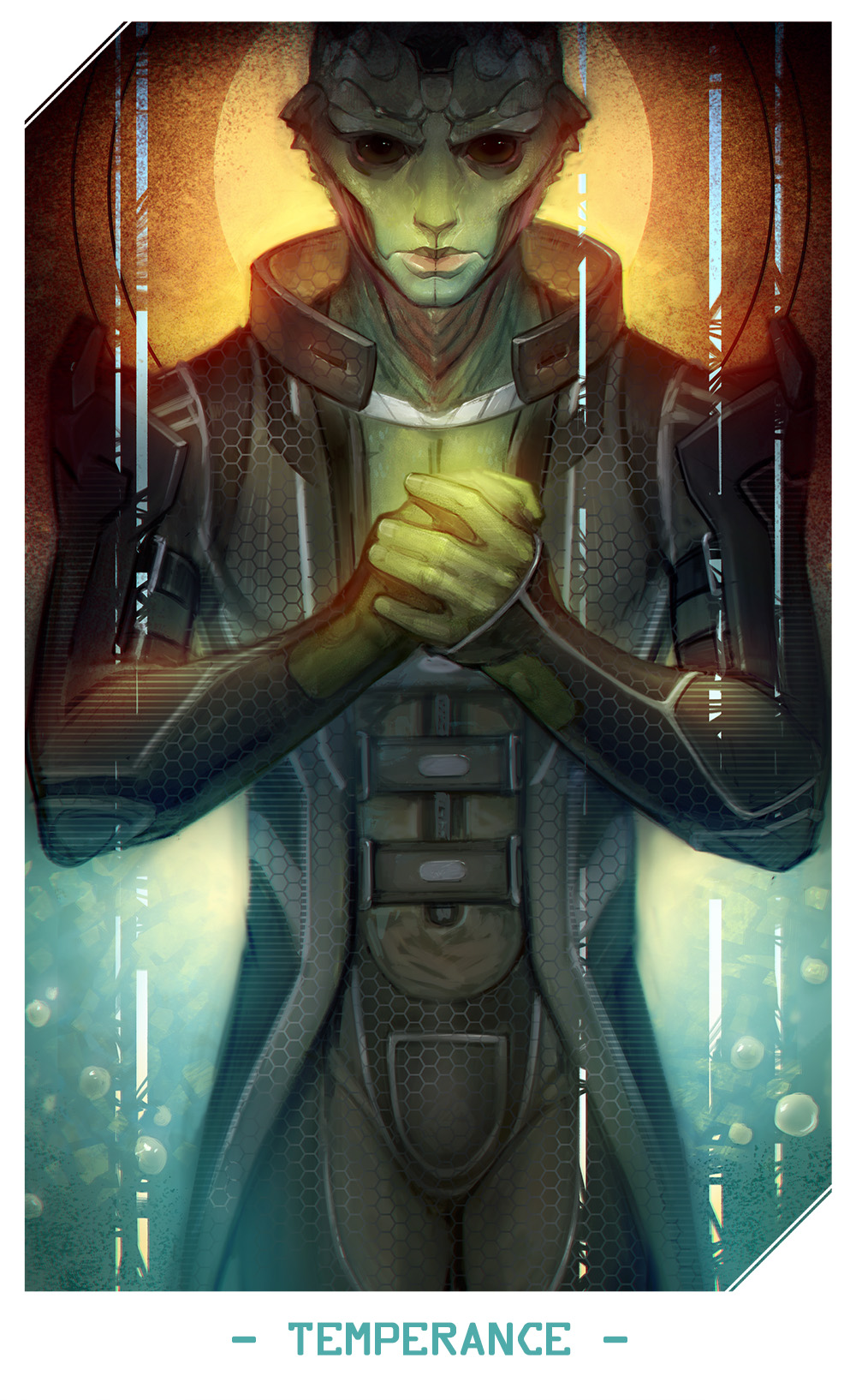 alien alteya animal_humanoid armor big_eyes brown_eyes card clothing coat drell green_body humanoid looking_at_viewer male mass_effect reptile reptile_humanoid scalie solo tarot_card thane_krios video_games