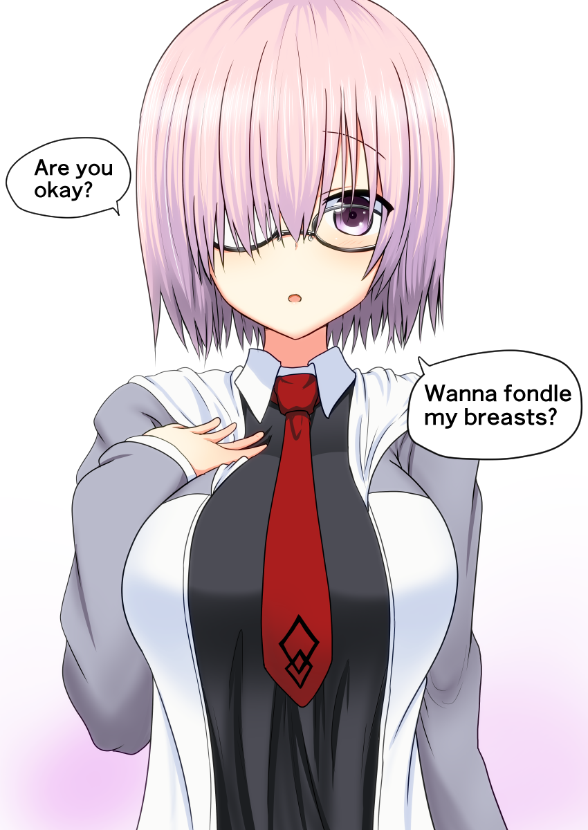 :o blush breasts daijoubu?_oppai_momu? english fate/grand_order fate_(series) glasses hair_over_one_eye hand_on_own_chest highres hood hoodie large_breasts looking_at_viewer mash_kyrielight necktie pink_hair purple_eyes shiny shiny_hair short_hair solo speech_bubble take_(shokumu-taiman)