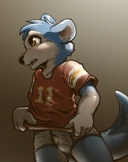 anthro blush boxer_briefs bulge clothed clothing clothing_lift cub harmarist island_(character) jersey low-angle_view male mammal mustelid otter shirt shirt_lift solo underwear young