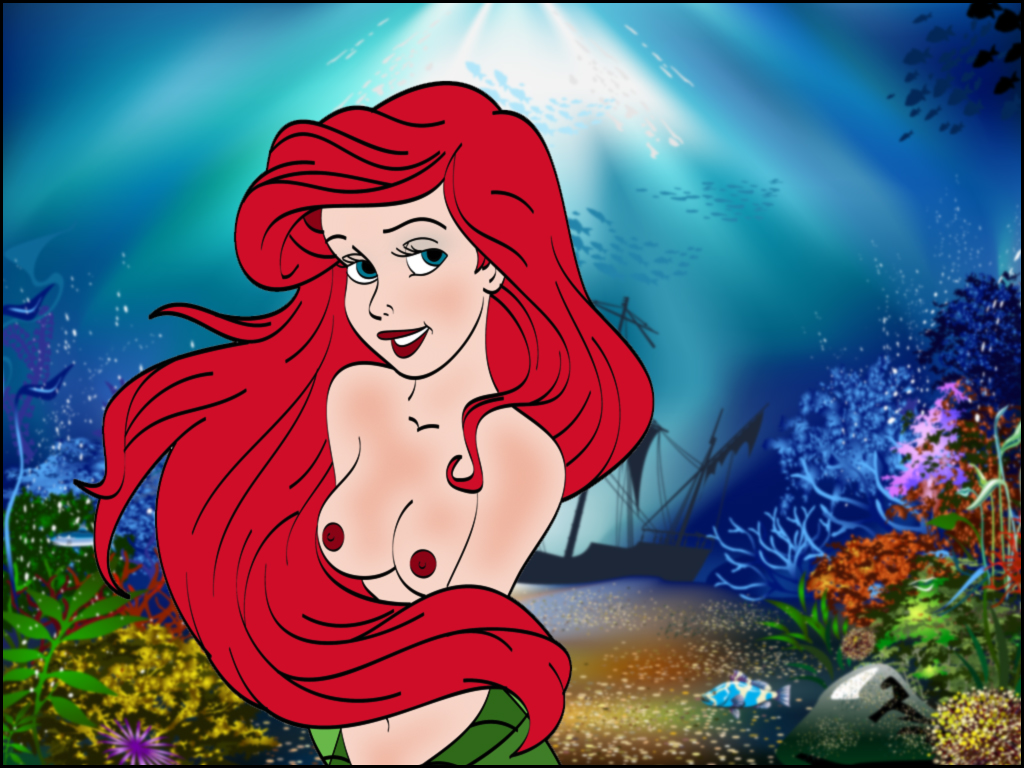 ariel bedroom_eyes black_border border breasts col_kink coral disney female hair half-closed_eyes half-length_portrait happy marine merfolk monster_girl_(genre) naughty_face nipples not_furry nude portrait red_hair sea seductive ship smile solo suggestive the_little_mermaid vehicle water