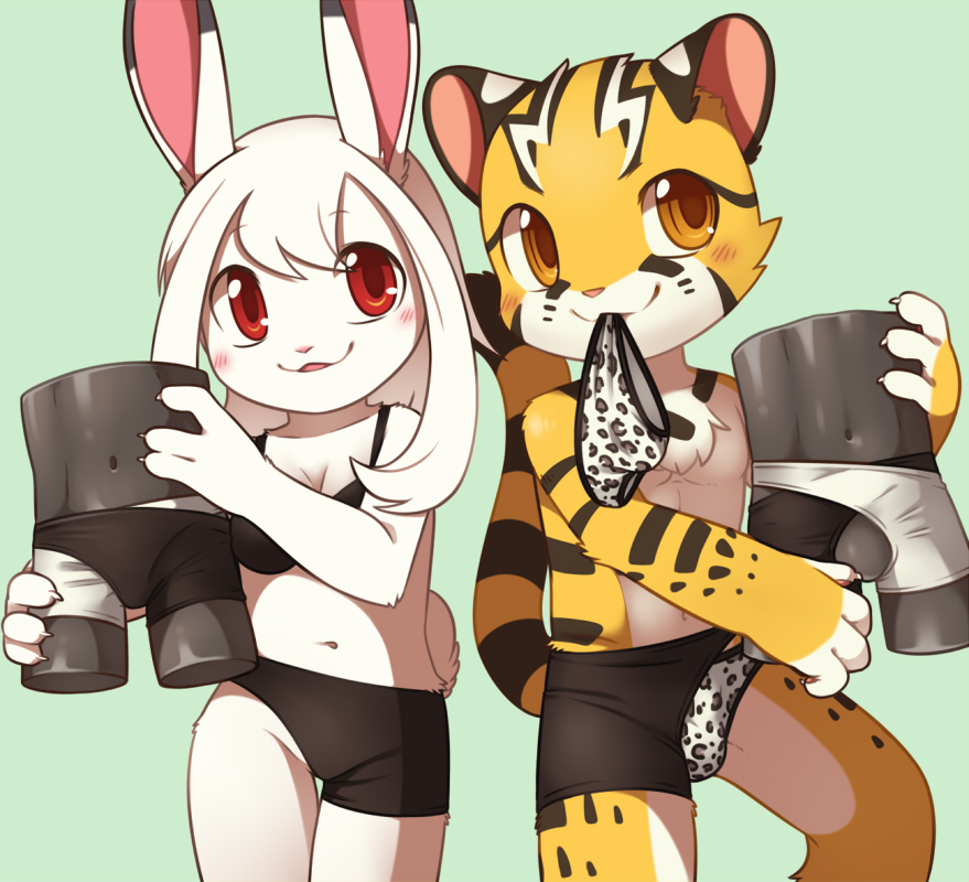 anthro breasts bulge cleavage clothed clothing cub duo feline female front_view holding_object lagomorph male mammal modelling navel rabbit raier smile tiger topless underwear underwear_in_mouth unrealplace young