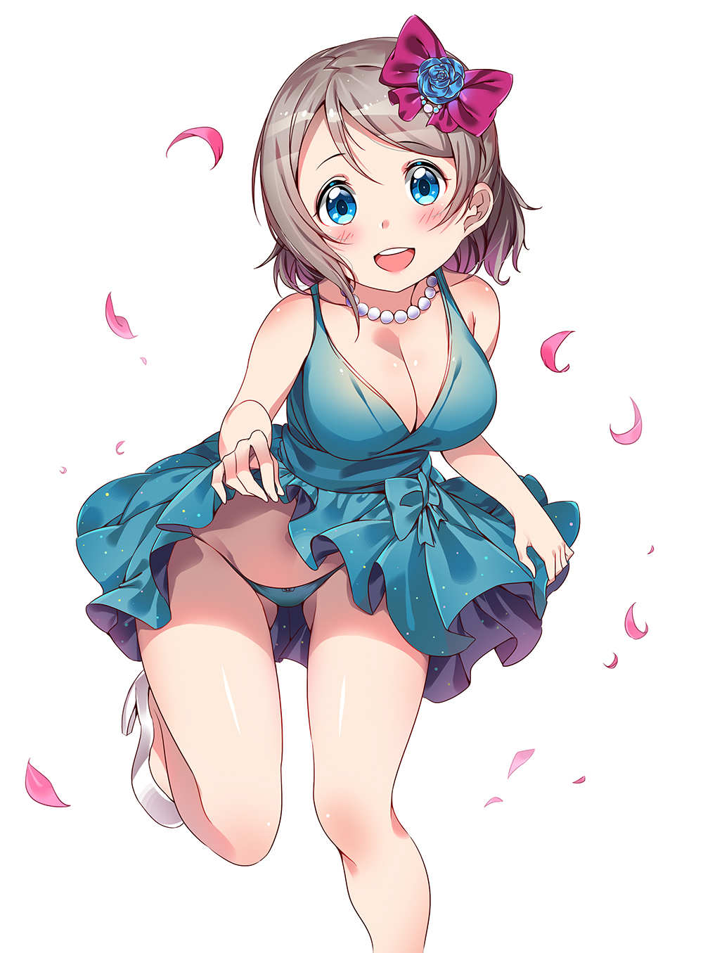 :d aqua_dress aqua_panties ass_visible_through_thighs blue_eyes blush bow breasts cleavage dress dress_lift flower grey_hair hair_bow hair_flower hair_ornament high_heels highres jewelry large_breasts leg_lift looking_at_viewer love_live! love_live!_sunshine!! necklace open_mouth panties pearl_necklace petals shoes short_hair smile solo standing standing_on_one_leg tem10 underwear watanabe_you white_background white_footwear