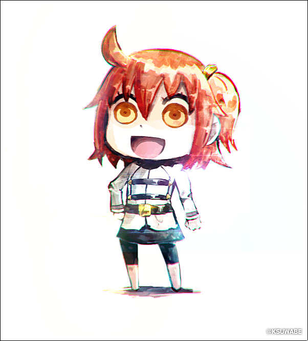 ahoge belt chibi commentary_request fate/grand_order fate_(series) fujimaru_ritsuka_(female) full_body hand_on_hip jacket kei-suwabe open_mouth orange_eyes red_hair riyo_(lyomsnpmp)_(style) shadow shorts side_ponytail smile solo twitter_username white_background white_jacket