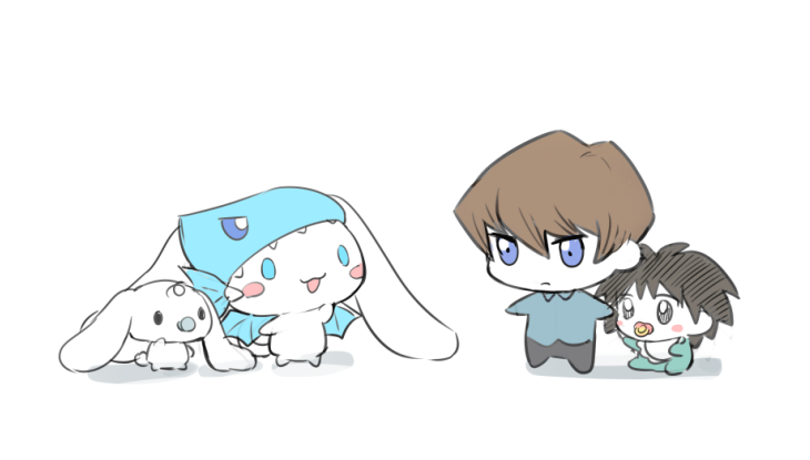 2boys baby black_hair blue-eyes_white_dragon blue-eyes_white_dragon_(cosplay) blue_eyes blush_stickers brown_hair character_request chibi cinnamoroll cosplay kaiba_mokuba kaiba_seto medium_hair moemoenomori multiple_boys pacifier sanrio short_hair spiked_hair white_background yu-gi-oh! yu-gi-oh!_duel_monsters