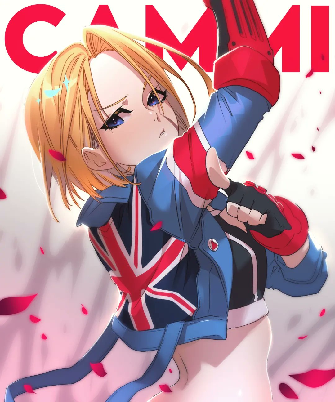 1girl arm_up black_sports_bra blonde_hair blue_eyes blue_jacket cammy_white character_name commentary cropped_jacket fingerless_gloves gloves highres jacket midriff petals pointing pointing_at_viewer print_jacket rawder scar scar_on_cheek scar_on_face short_hair solo spanish_commentary spanish_text sports_bra street_fighter street_fighter_6 typo union_jack upper_body vambraces