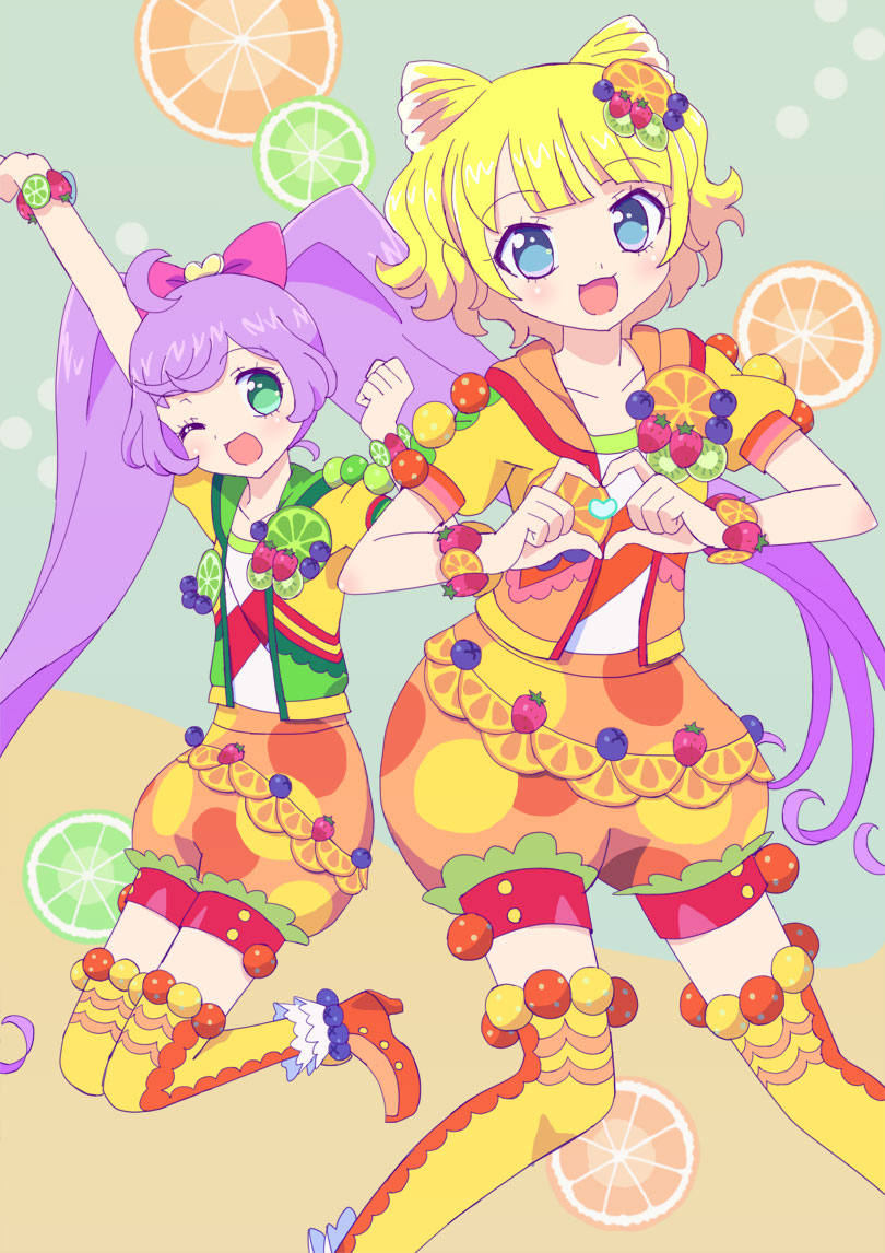 2girls :d ;d ahoge arm_up blonde_hair blue_eyes blueberry blunt_bangs bow bracelet commentary_request cone_hair_bun double_bun food food-themed_clothes food-themed_hair_ornament fruit full_body green_eyes hair_bow hair_bun hair_ornament heart heart_hands high_heels idol_clothes jacket jewelry jumping ku_(residual666) lime_(fruit) lime_slice long_hair looking_at_viewer manaka_laala minami_mirei multiple_girls one_eye_closed open_mouth orange_(fruit) orange_footwear orange_jacket orange_shorts orange_slice pink_bow pretty_series pripara purple_hair shirt short_hair short_sleeves shorts smile standing strawberry thighhighs twintails very_long_hair white_shirt yellow_thighhighs