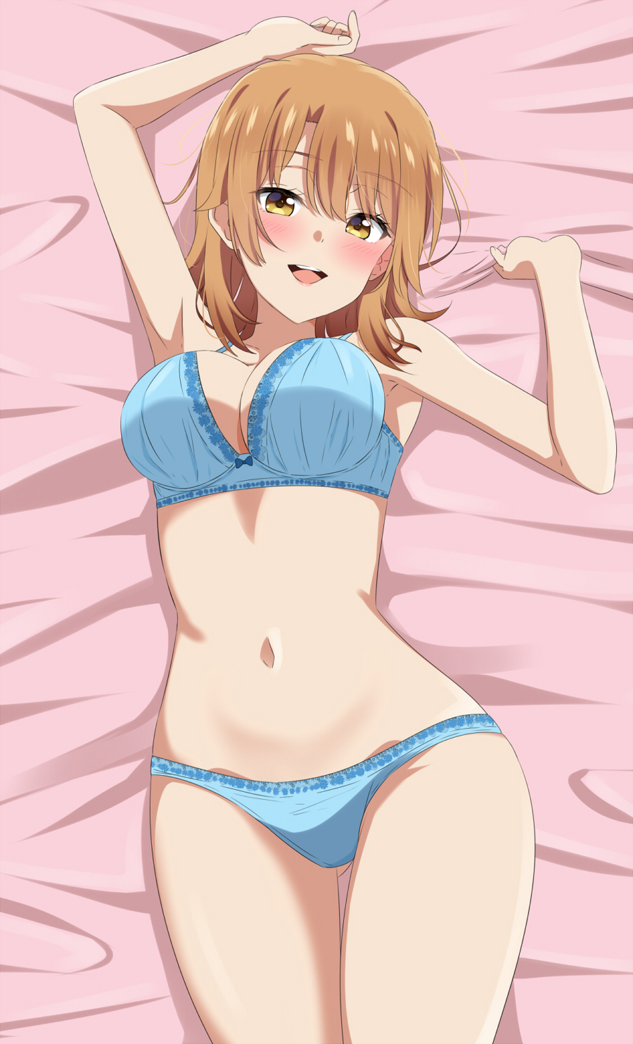 1girl arms_up ass_visible_through_thighs bed_sheet blonde_hair blue_bra blue_panties blush bra breasts cowboy_shot dars_(recolors) from_above highres isshiki_iroha looking_at_viewer lying medium_breasts medium_hair navel on_back open_mouth panties smile solo underwear underwear_only yahari_ore_no_seishun_lovecome_wa_machigatteiru. yellow_eyes