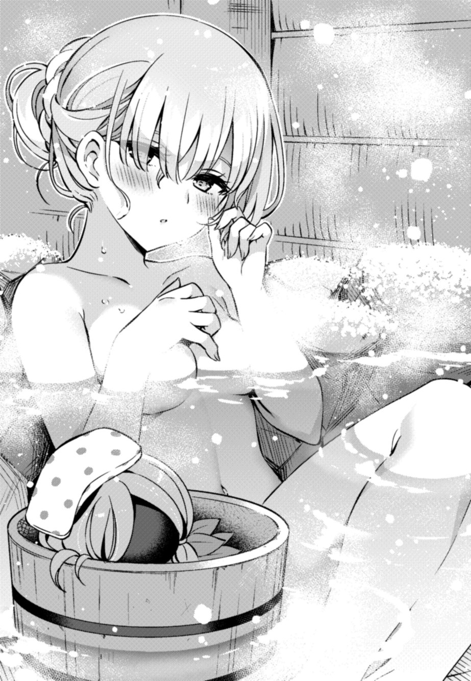 1girl anastasia_(fate) bathing blush breasts bucket convenient_censoring fate/grand_order fate_(series) greyscale hair_bun hanabana_tsubomi highres looking_at_viewer monochrome nude onsen outdoors partially_submerged short_hair small_breasts snowing solo steam towel viy_(fate) wooden_bucket