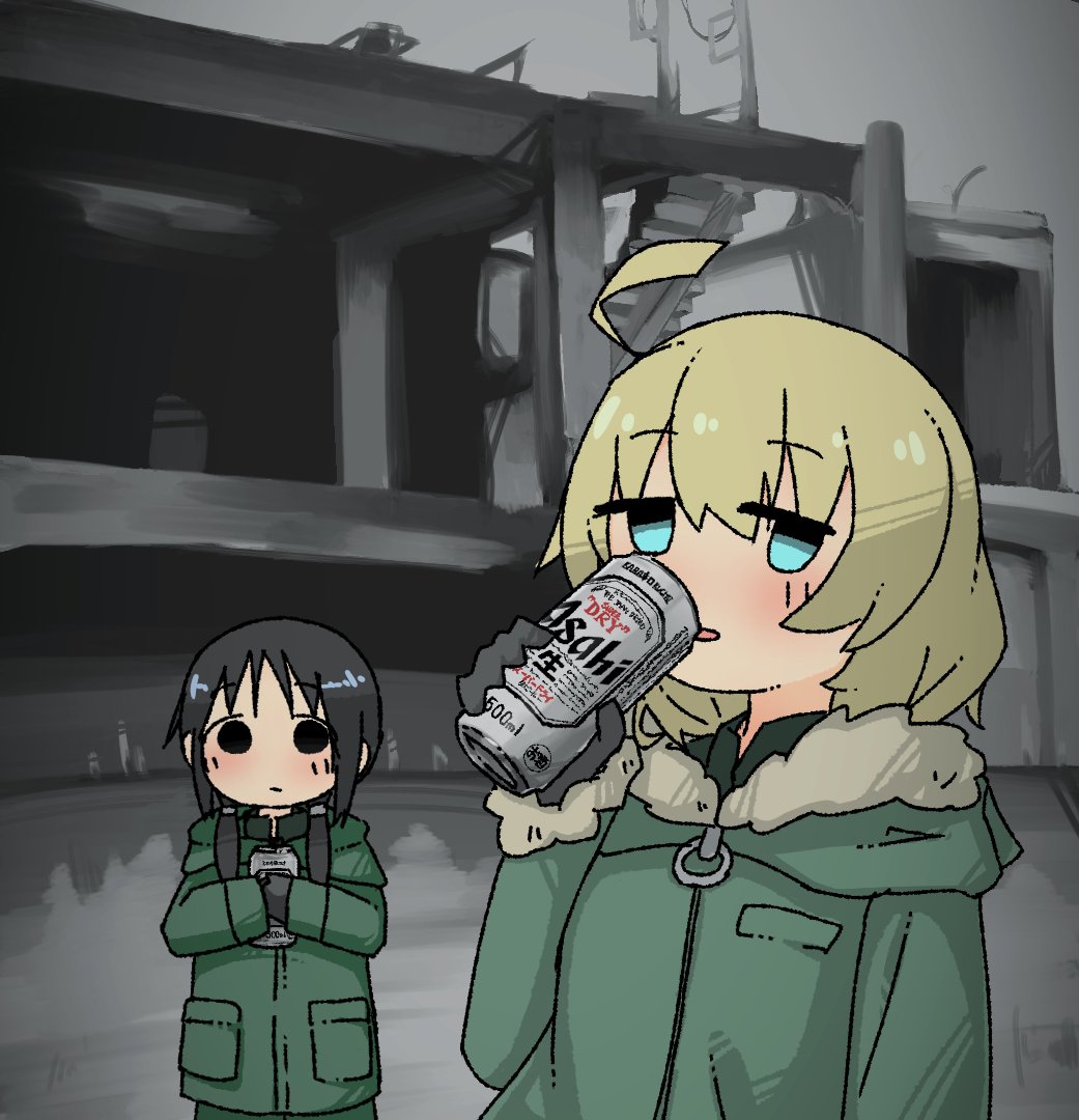 2girls ahoge alcohol asahi_breweries beer beer_can black_eyes black_hair blonde_hair blue_eyes building can chito_(shoujo_shuumatsu_ryokou) coat drink_can drinking fur-trimmed_hood fur_trim gloves green_coat green_gloves hair_between_eyes holding holding_can hood hood_down kani_aji long_hair long_sleeves low_twintails military_uniform multiple_girls outdoor_unit shoujo_shuumatsu_ryokou twintails uniform yuuri_(shoujo_shuumatsu_ryokou)