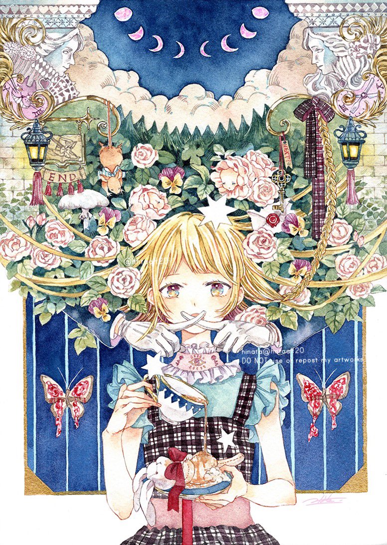 1girl artist_name blonde_hair bug bust_(sculpture) butterfly cake cloud crescent_moon cup dress flower food fork frills gloves hntaa holding holding_cup holding_plate holding_saucer lantern leaf looking_at_viewer moon moon_phases mouse night original painting_(medium) pine_tree pink_flower plaid plate pouring rabbit ribbon rose saucer short_hair sky sleeveless sleeveless_dress smile solo star_(symbol) tea teacup traditional_media tree twitter_username upper_body watercolor_(medium) watermark white_flower white_gloves