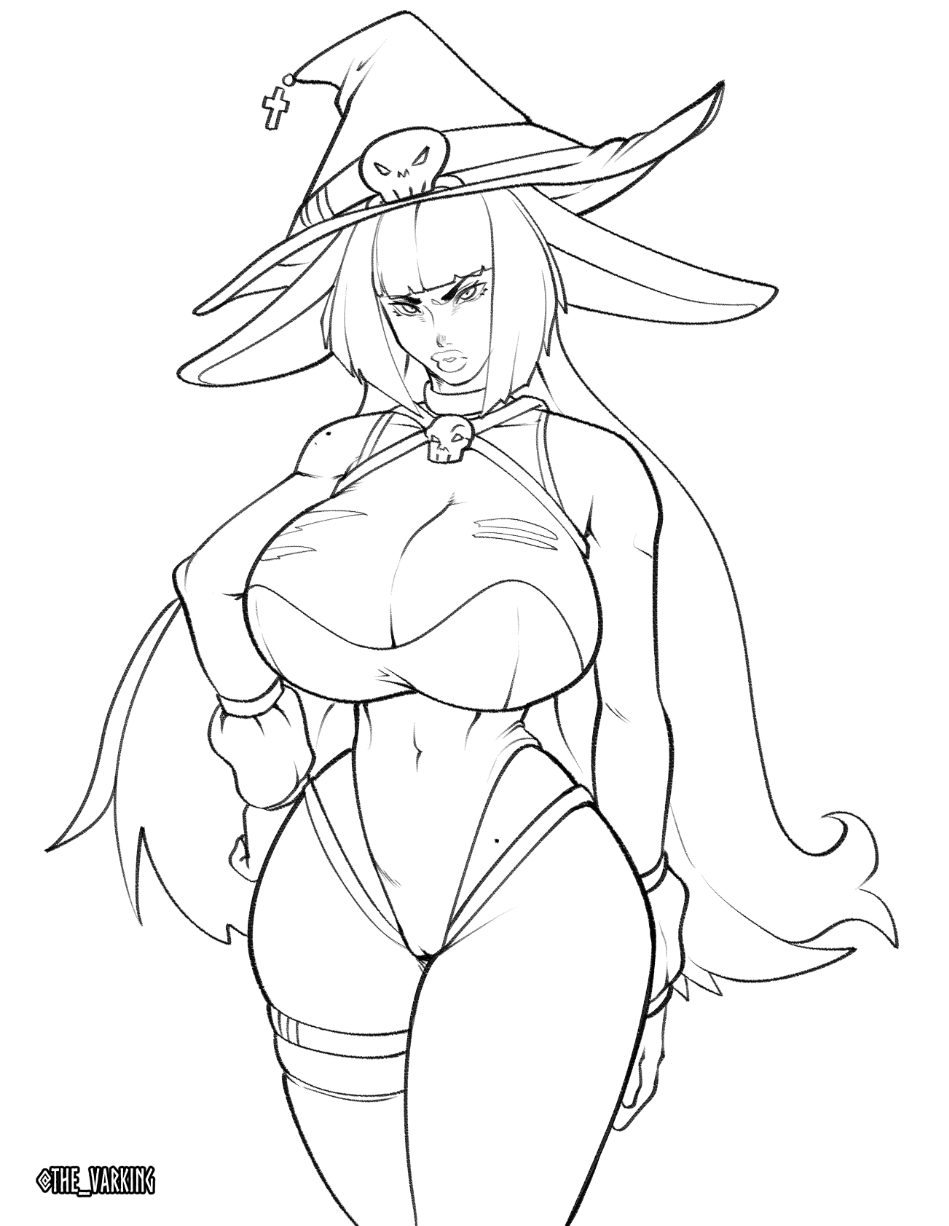 2024 animal_humanoid annoyed_expression big_breasts black_and_white breasts camel_toe cleavage clothed clothing collar female hair hat headgear headwear hi_res humanoid lagomorph lagomorph_humanoid legwear leotard leporid_humanoid long_hair looking_at_viewer mammal mammal_humanoid monochrome rabbit_ears rabbit_humanoid skull_accessory solo standing thevarking thigh_highs witch_hat
