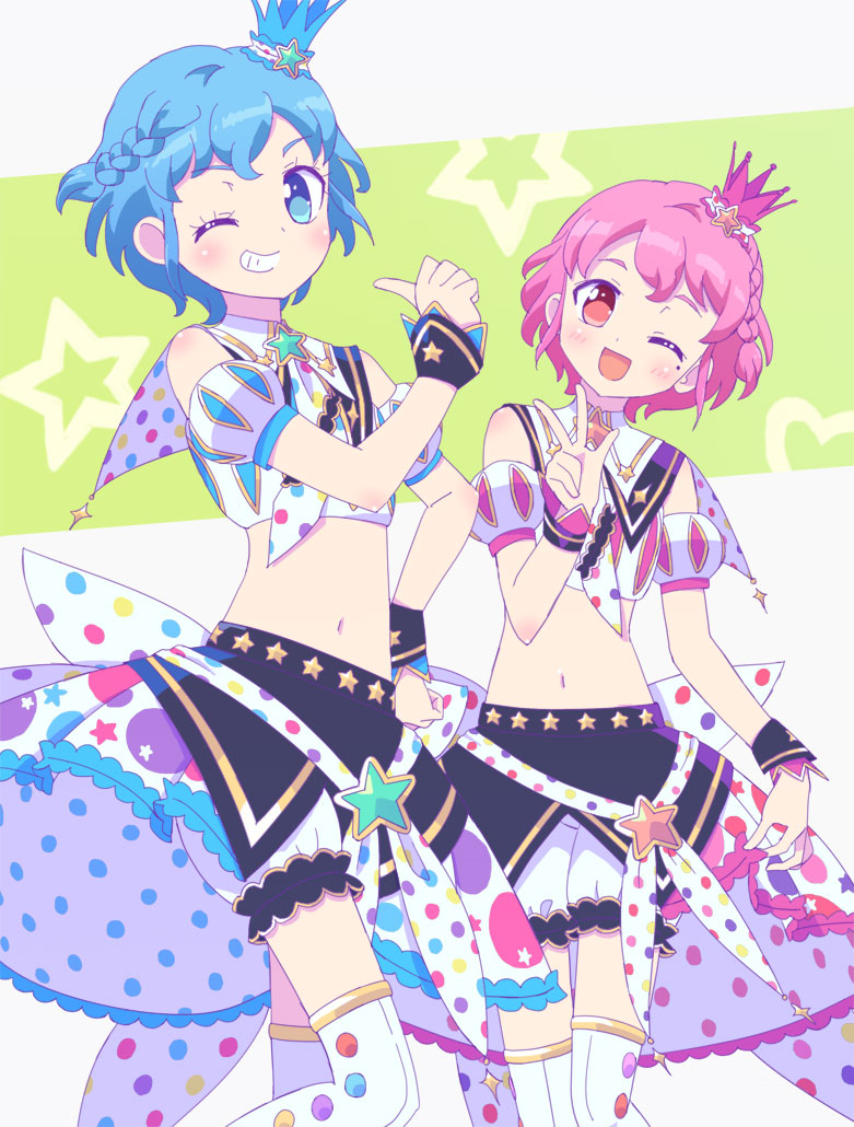 1boy 1girl ;d blue_eyes blue_hair braid brother_and_sister commentary_request cropped_shirt crossdressing crown dorothy_west grin hand_up idol_clothes ku_(residual666) looking_at_viewer midriff mini_crown mole mole_under_eye one_eye_closed open_mouth otoko_no_ko overskirt pink_eyes pink_hair pretty_series pripara reona_west shirt short_hair shorts siblings side_braid skirt_hold smile thighhighs twins w white_shirt white_shorts white_thighhighs wrist_cuffs