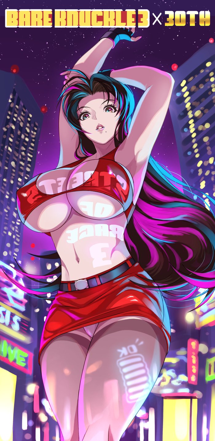 anniversary arms_up belt blaze_fielding blurry blurry_background brown_eyes brown_hair city covered_nipples crop_top ema_(emaura) fingerless_gloves gameplay_mechanics gloves health_bar highres long_hair miniskirt mole mole_under_mouth navel neon_lights night panties parted_lips red_skirt skirt star_(sky) streets_of_rage streets_of_rage_3 tank_top underwear white_panties