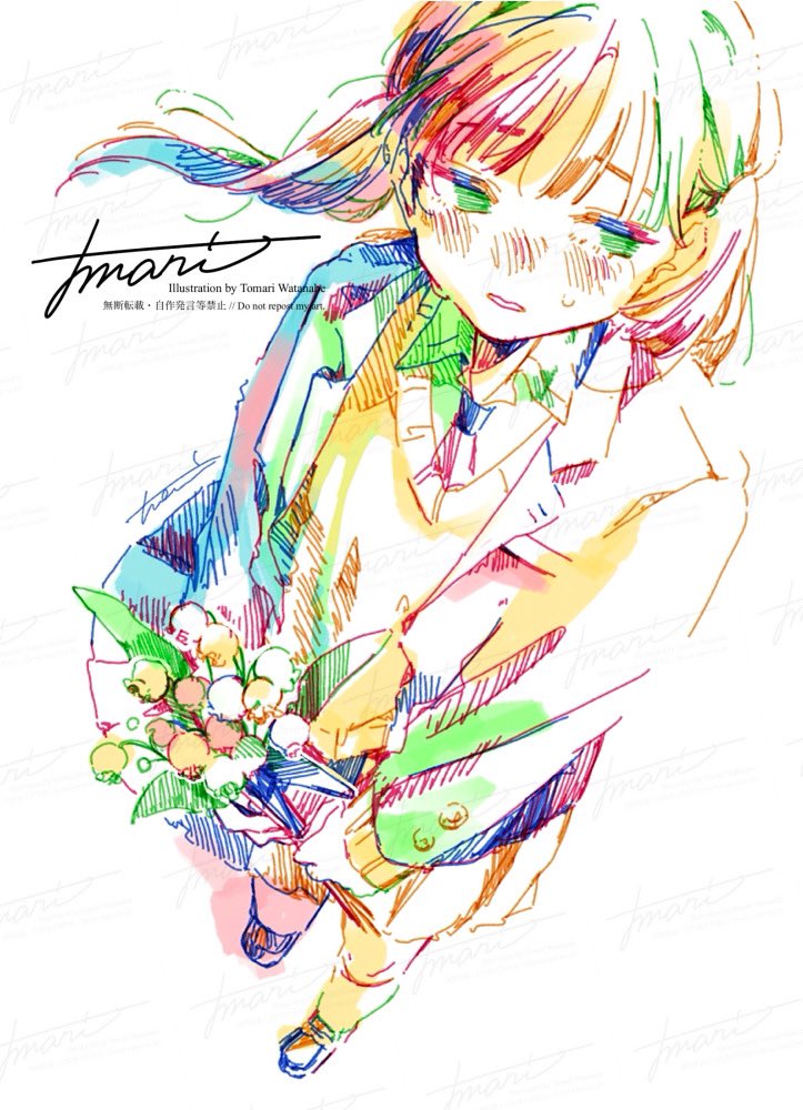 1girl averting_eyes blazer blue_hair blush bouquet collared_shirt colorful floating_hair flower foreshortening from_above green_eyes green_hair holding holding_bouquet jacket kneehighs long_hair long_sleeves looking_to_the_side low_ponytail multicolored_hair necktie nose_blush open_clothes open_jacket original parted_lips pink_flower red_hair school_uniform shirt sidelocks sideways_glance signature simple_background socks solo sweatdrop sweater teeth v-neck watanabe_tomari watermark white_background white_flower white_socks wispy_bangs yellow_flower