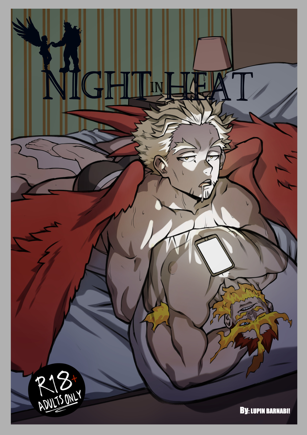 1boy bara bedroom black_male_underwear body_pillow boku_no_hero_academia cellphone character_print cover cover_page dakimakura_(object) doujin_cover dry_humping endeavor_(boku_no_hero_academia) facial_hair feathers goatee_stubble hawks_(boku_no_hero_academia) highres hugging_object humping implied_yaoi looking_at_viewer lupin_barnabi lying male_focus male_underwear on_stomach paid_reward_available phone pillow pillow_hug red_feathers red_wings short_hair smartphone solo stubble sweat thick_eyebrows toned toned_male underwear wings