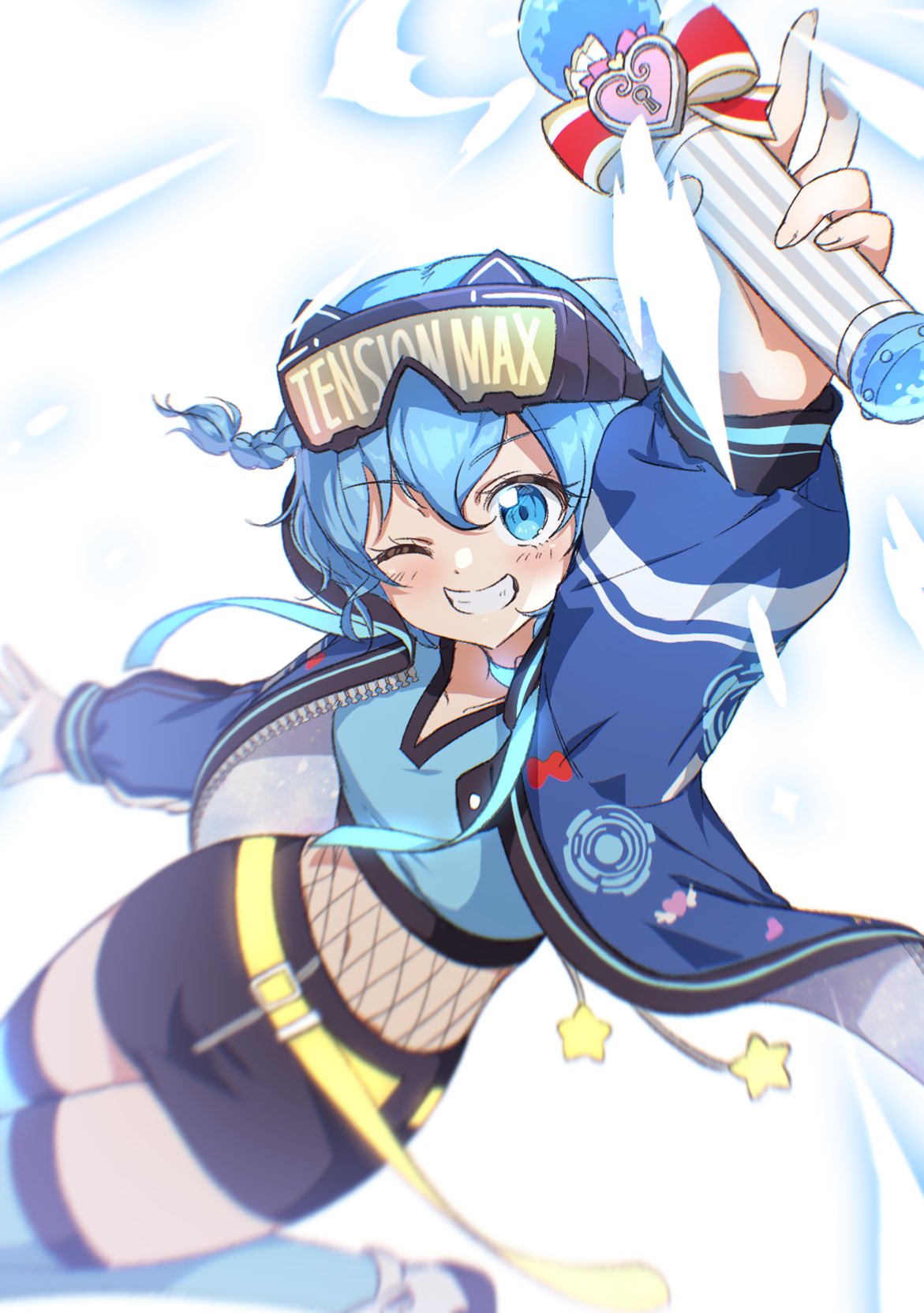 1girl arm_up belt black_skirt blue_eyes blue_hair blue_jacket blue_shirt breasts catchphrase commentary_request cropped_shirt dolldolldd dorothy_west fishnet_top fishnets glowing goggles goggles_on_head grin head-mounted_display highres holding holding_microphone jacket korean_commentary long_sleeves looking_at_viewer microphone midriff one_eye_closed open_clothes open_jacket open_mouth outstretched_arm pretty_series pripara shirt short_hair skirt small_breasts smile solo standing white_background yellow_belt