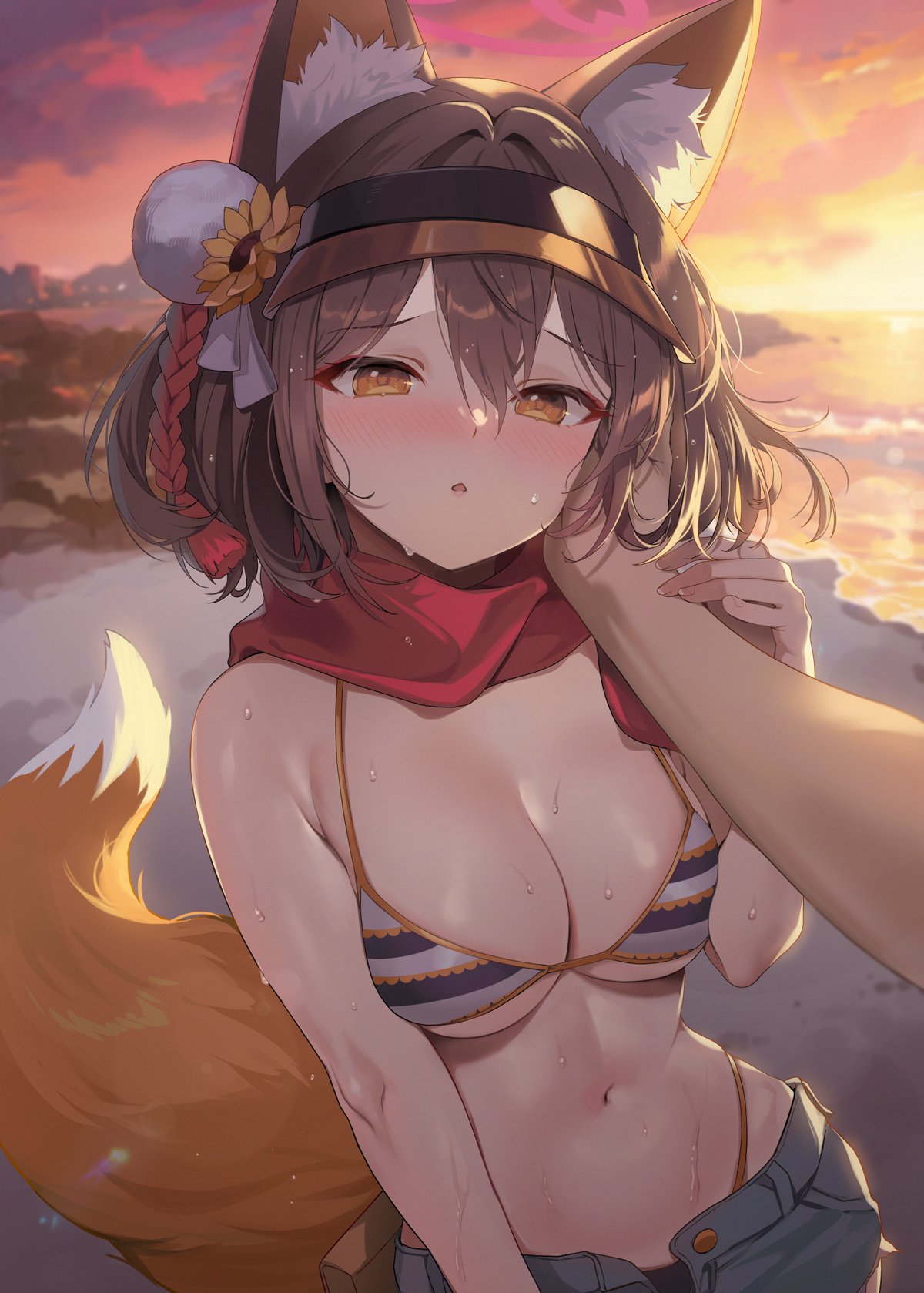 1boy 1girl :o animal_ears armpit_crease beach bikini bikini_under_clothes blue_archive blue_bikini blue_shorts blush breasts brown_hair cleavage cloud cloudy_sky contrapposto cowboy_shot evening fox_ears fox_girl fox_tail furrowed_brow gijang hair_between_eyes hair_intakes hand_on_another's_cheek hand_on_another's_face highleg highleg_bikini highres izuna_(blue_archive) izuna_(swimsuit)_(blue_archive) large_breasts looking_at_viewer medium_hair navel nose_blush ocean open_mouth outdoors outstretched_arm pov pov_hands red_scarf scarf shore shorts sidelocks sky solo_focus stomach striped_bikini striped_clothes swimsuit tail visor_cap water white_bikini yellow_eyes