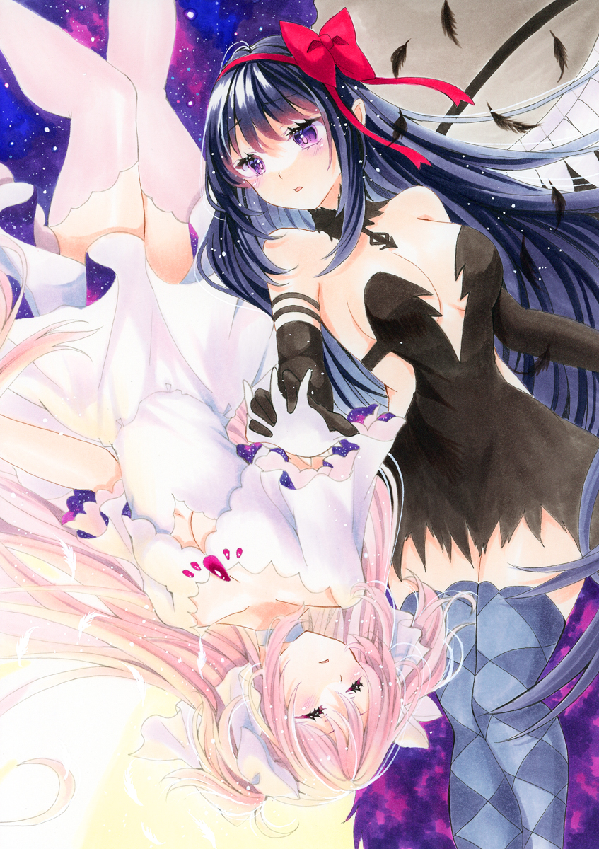 2girls akemi_homura akuma_homura argyle_clothes argyle_legwear bare_shoulders black_dress black_feathers black_gloves black_hair bow breasts choker cleavage commentary_request dress elbow_gloves falling_feathers feathers gloves hair_bow hair_ribbon highres holding_hands kaname_madoka light_particles long_hair mahou_shoujo_madoka_magica mahou_shoujo_madoka_magica:_hangyaku_no_monogatari mimi_(mini1474) multiple_girls parted_lips pink_hair purple_background purple_eyes redrawn ribbon space spoilers star_(sky) thighhighs two_side_up ultimate_madoka very_long_hair white_dress white_gloves wings yellow_eyes yuri zettai_ryouiki