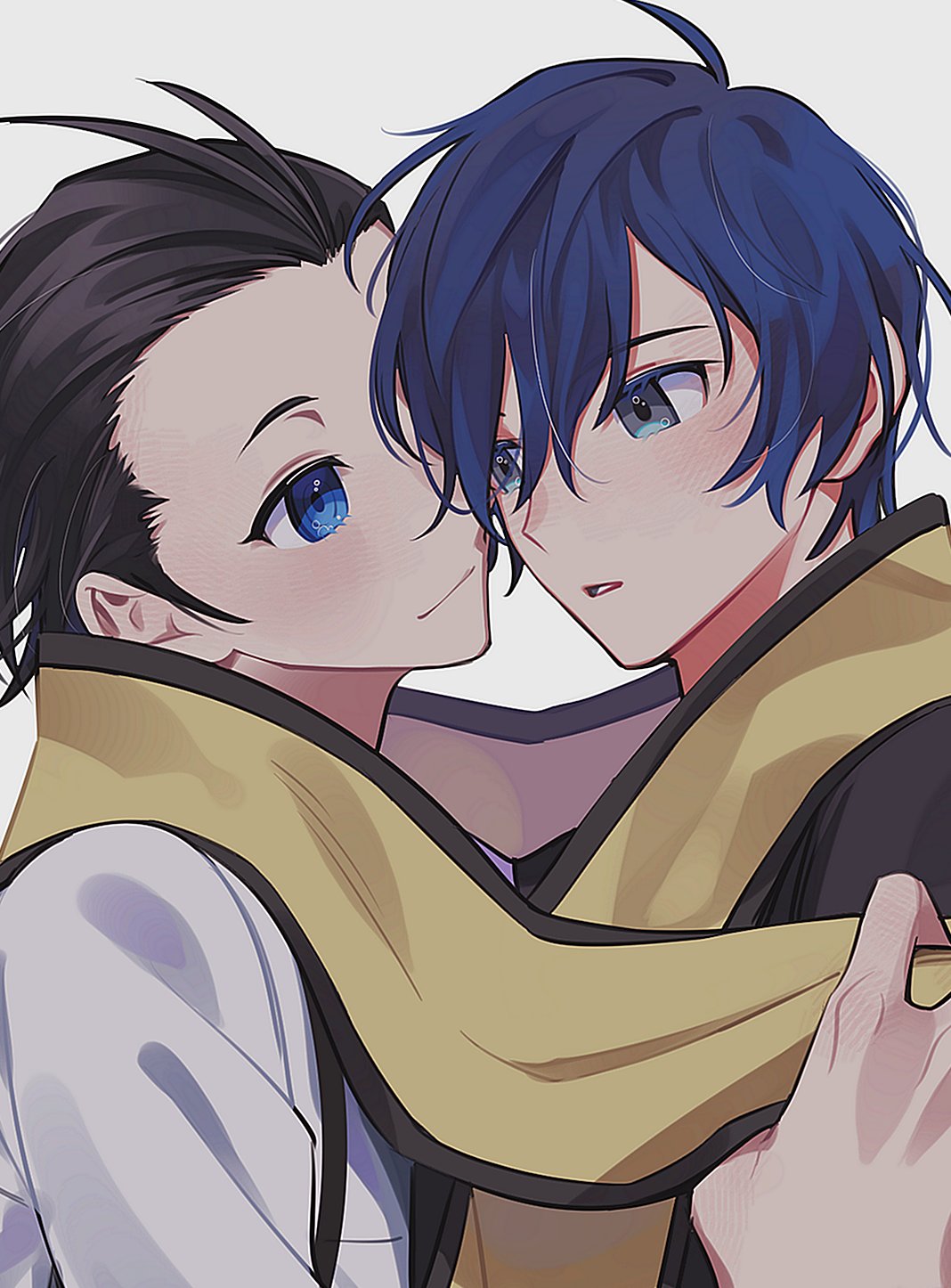 2boys black_hair blue_eyes blue_hair blush closed_mouth elulit2 face-to-face grey_eyes hair_slicked_back highres holding holding_clothes holding_scarf looking_at_another male_focus mochizuki_ryouji multiple_boys parted_lips persona persona_3 scarf shared_clothes shared_scarf short_hair simple_background smile white_background yaoi yellow_scarf yuuki_makoto_(persona_3)