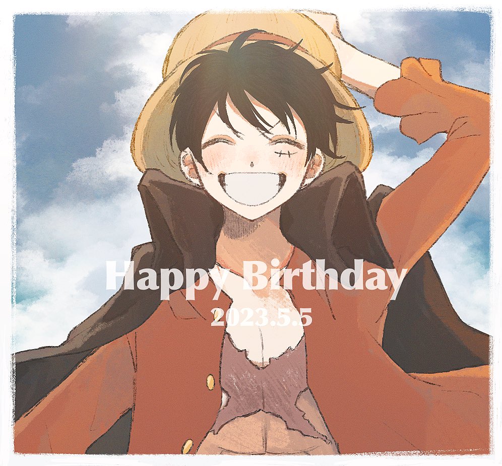 1boy 2023 ^_^ black_hair buttons closed_eyes cloud commentary_request dated frilled_sleeves frills hand_on_headwear happy_birthday hat male_focus millpi01 monkey_d._luffy one_piece open_clothes open_shirt red_shirt scar scar_on_face shirt short_hair sky smile solo straw_hat upper_body