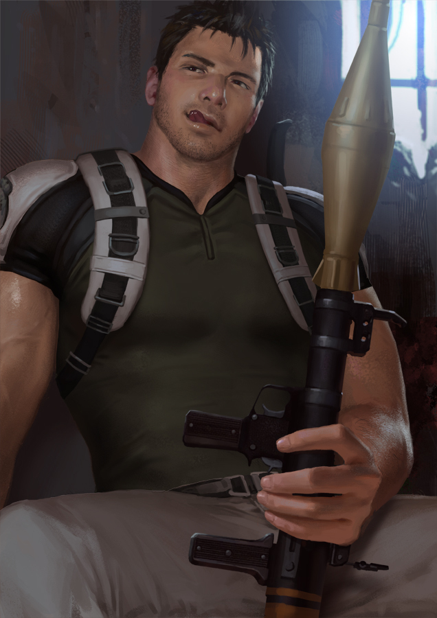 1boy :q bara beard brown_hair chest_harness chris_redfield facial_hair green_shirt gun harness holding holding_gun holding_weapon large_pectorals male_focus mature_male muscular muscular_male paid_reward_available pants pectorals penguin_frontier resident_evil resident_evil_5 rocket_launcher rpg-7 rpg_(weapon) sexually_suggestive shirt short_hair sideburns solo spread_legs stubble sunlight thighs tight_clothes tight_shirt tongue tongue_out veins weapon white_pants window